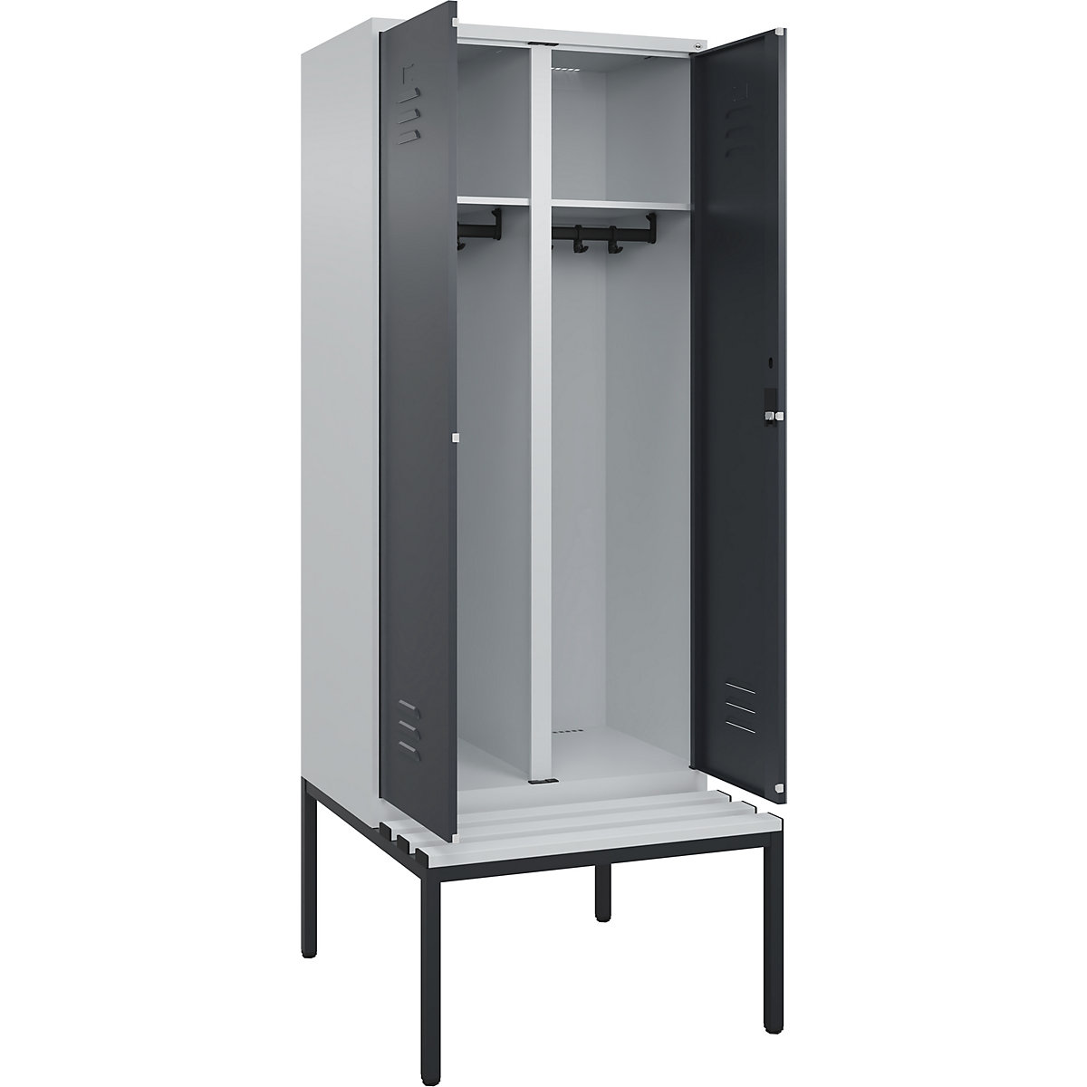 Armadietto sporco/pulito Classic PLUS con panca – C+P, 1 scomparto, grigio chiaro / grigio, largh. 800 mm, serratura a cilindro, panca integrata, plastica-0
