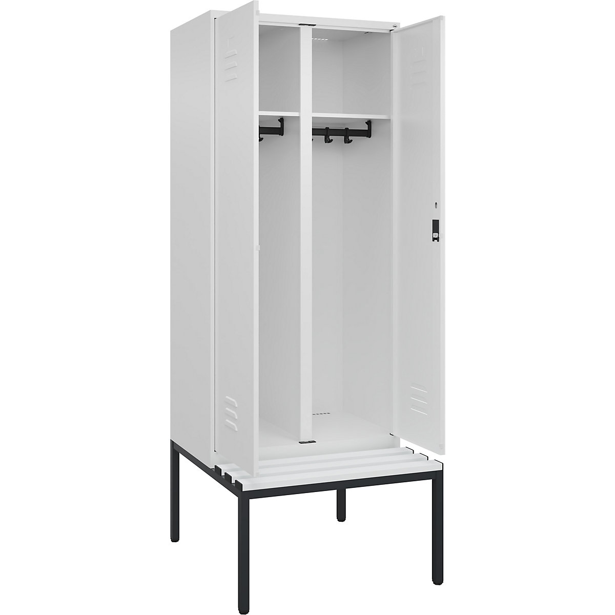 Armadietto sporco/pulito Classic PLUS con panca – C+P, 1 scomparto, bianco traffico, largh. 800 mm, serratura a cilindro, panca integrata, plastica-0