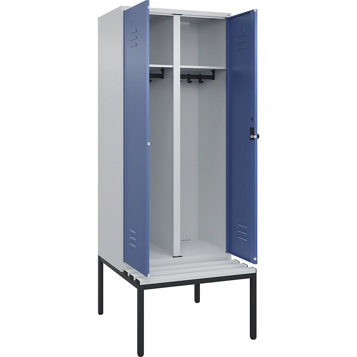 Armadietto sporco/pulito Classic PLUS con panca – C+P, 1 scomparto, grigio chiaro / indaco, largh. 800 mm, serratura girevole di sicurezza, panca integrata, plastica-0