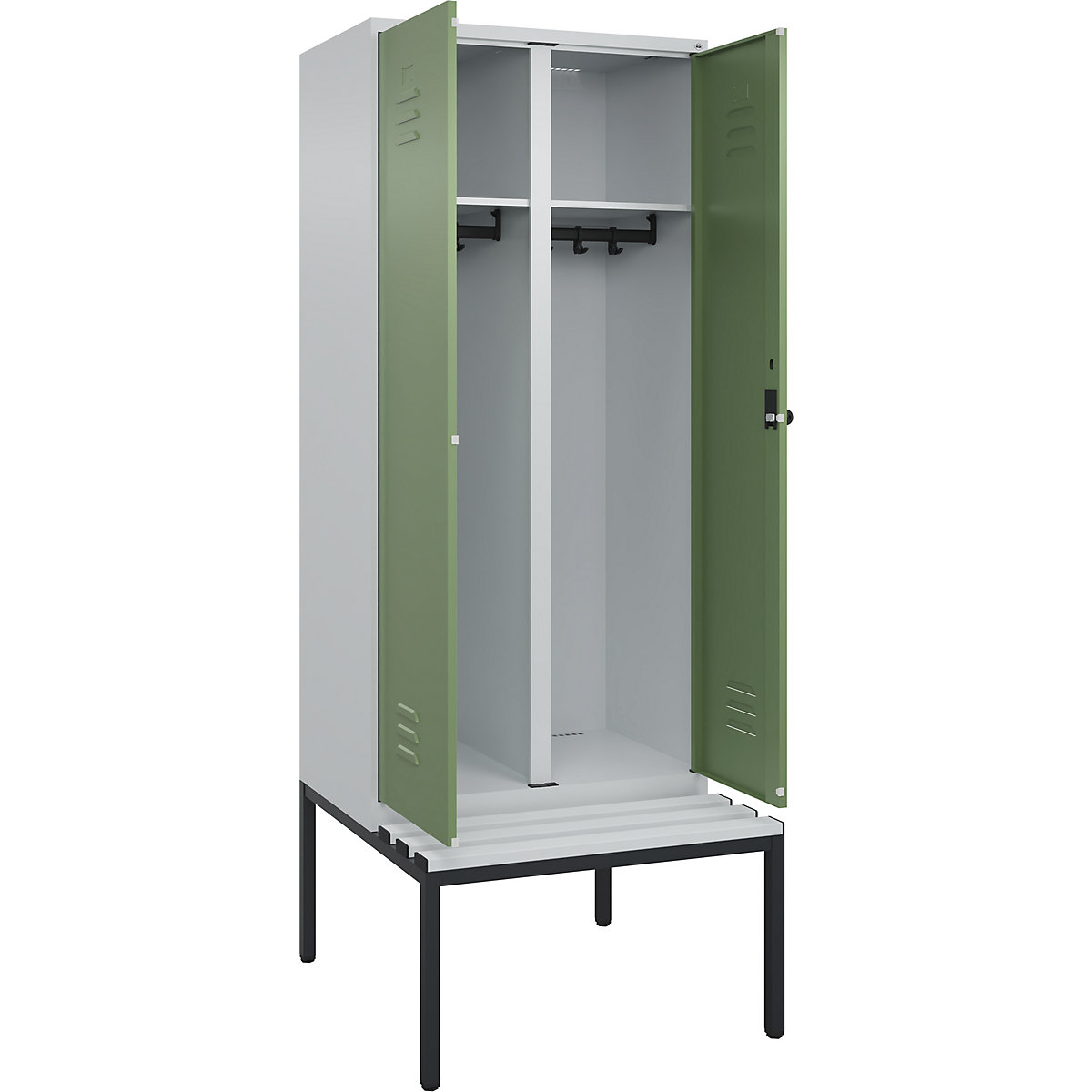 Armadietto sporco/pulito Classic PLUS con panca – C+P, 1 scomparto, grigio chiaro / verde reseda, largh. 800 mm, serratura girevole di sicurezza, panca integrata, plastica-0