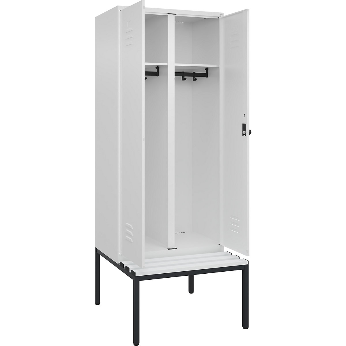 Armadietto sporco/pulito Classic PLUS con panca – C+P, 1 scomparto, bianco traffico, largh. 800 mm, serratura girevole di sicurezza, panca integrata, plastica-0