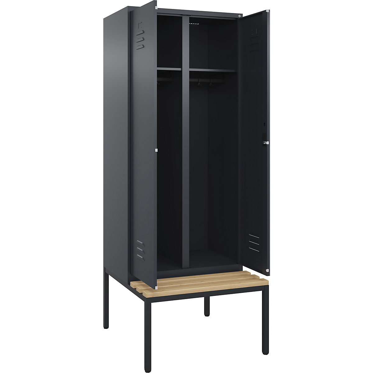 Armadietto sporco/pulito Classic PLUS con panca – C+P, 1 scomparto, grigio, largh. 800 mm, serratura a cilindro, panca integrata, legno duro di faggio-0