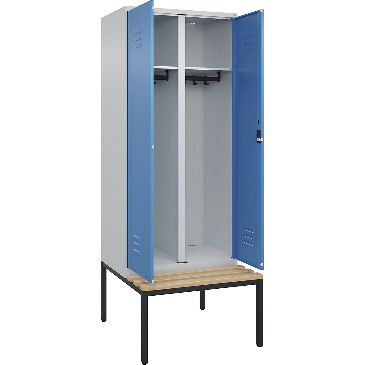 Armadietto sporco/pulito Classic PLUS con panca – C+P, 1 scomparto, grigio chiaro / blu chiaro, largh. 800 mm, serratura a cilindro, panca integrata, legno duro di faggio-0