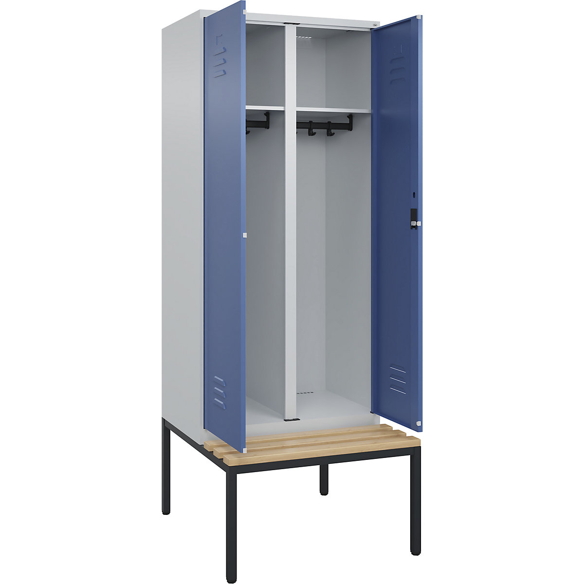Armadietto sporco/pulito Classic PLUS con panca – C+P, 1 scomparto, grigio chiaro / indaco, largh. 800 mm, serratura a cilindro, panca integrata, legno duro di faggio-0