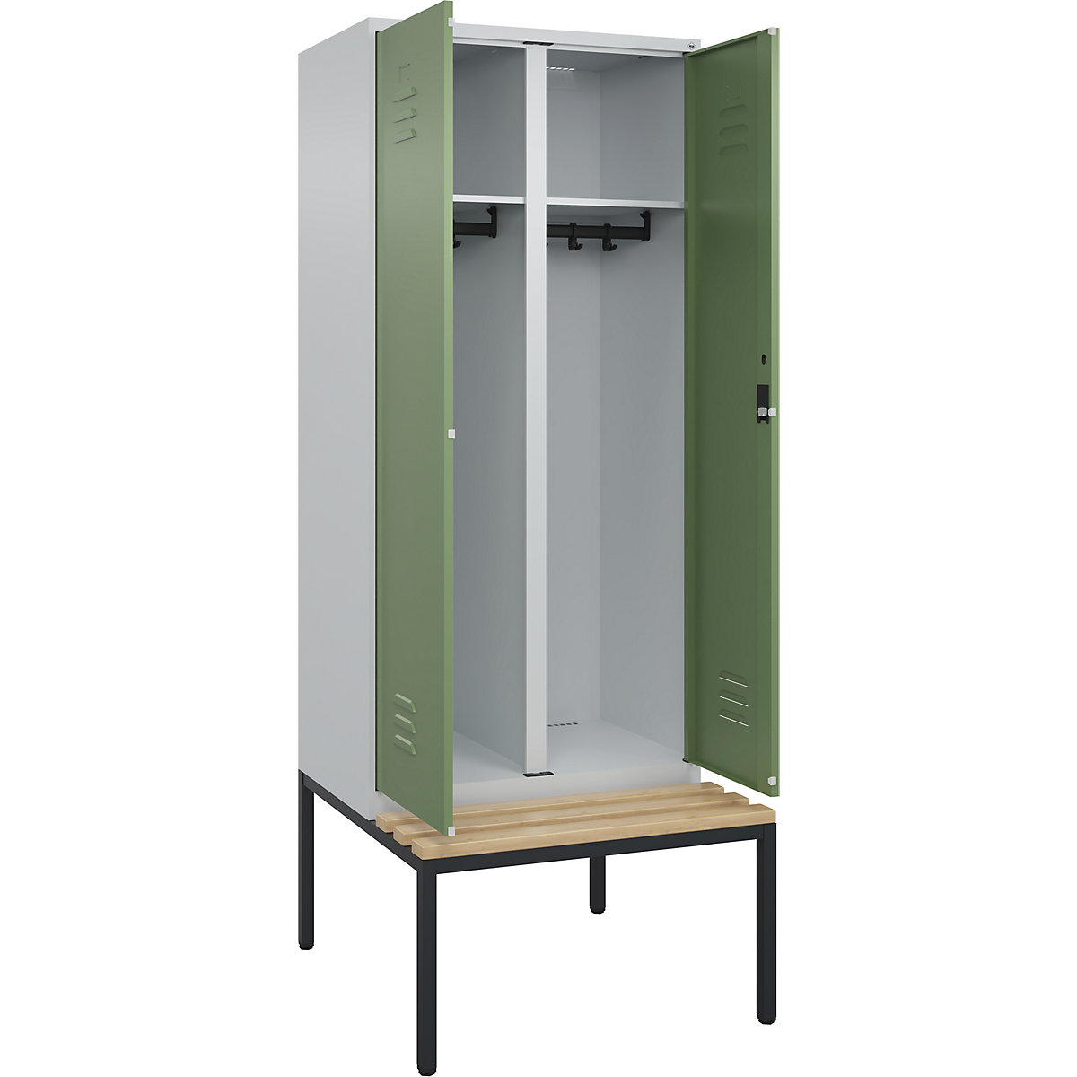 Armadietto sporco/pulito Classic PLUS con panca – C+P, 1 scomparto, grigio chiaro / verde reseda, largh. 800 mm, serratura a cilindro, panca integrata, legno duro di faggio-0