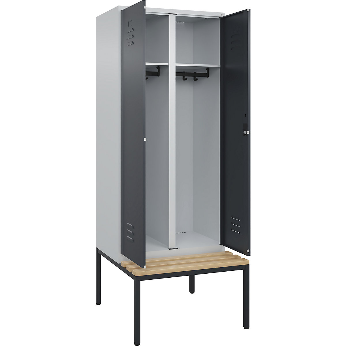 Armadietto sporco/pulito Classic PLUS con panca – C+P, 1 scomparto, grigio chiaro / grigio, largh. 800 mm, serratura a cilindro, panca integrata, legno duro di faggio-0