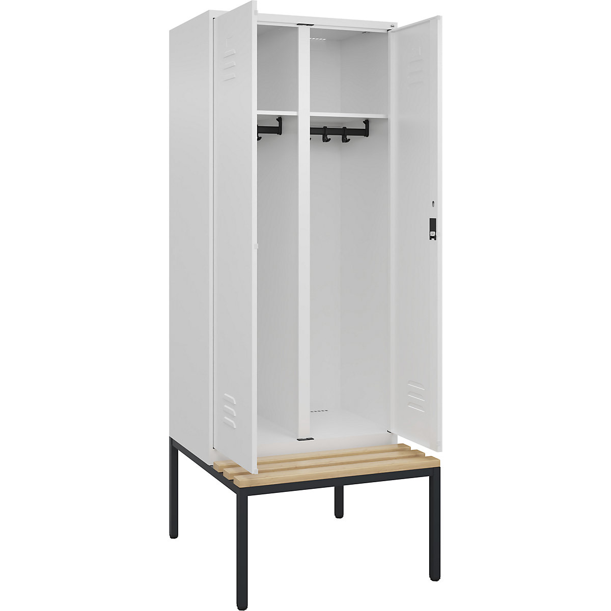 Armadietto sporco/pulito Classic PLUS con panca – C+P, 1 scomparto, bianco traffico, largh. 800 mm, serratura a cilindro, panca integrata, legno duro di faggio-0
