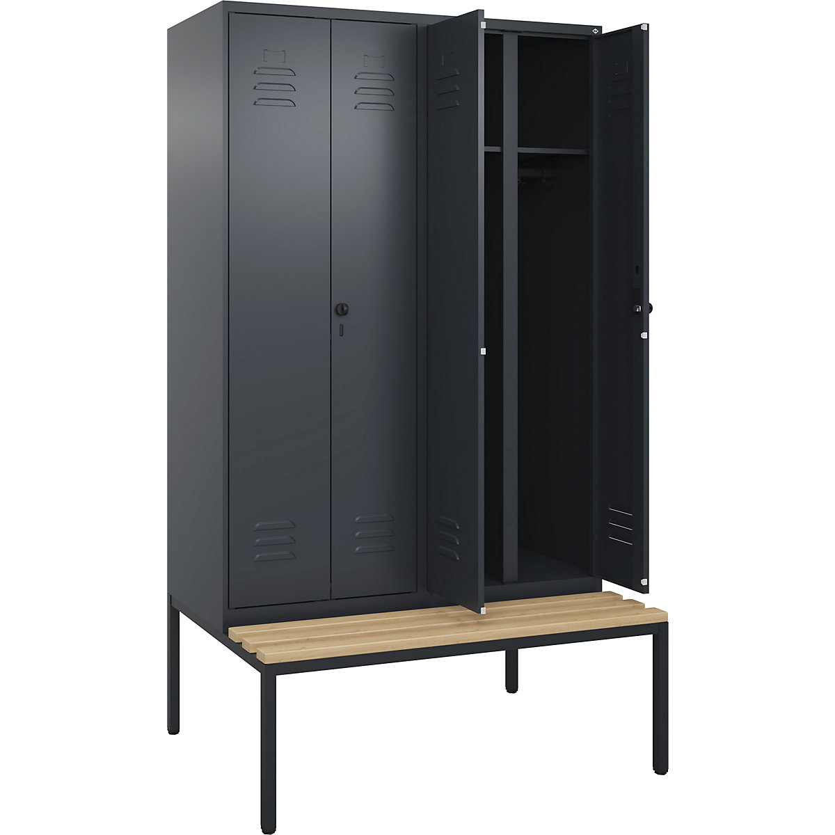 Armadietto sporco/pulito Classic PLUS con panca – C+P, 2 scomparti, grigio, largh. 1200 mm, serratura girevole di sicurezza, panca integrata, legno duro di faggio-0