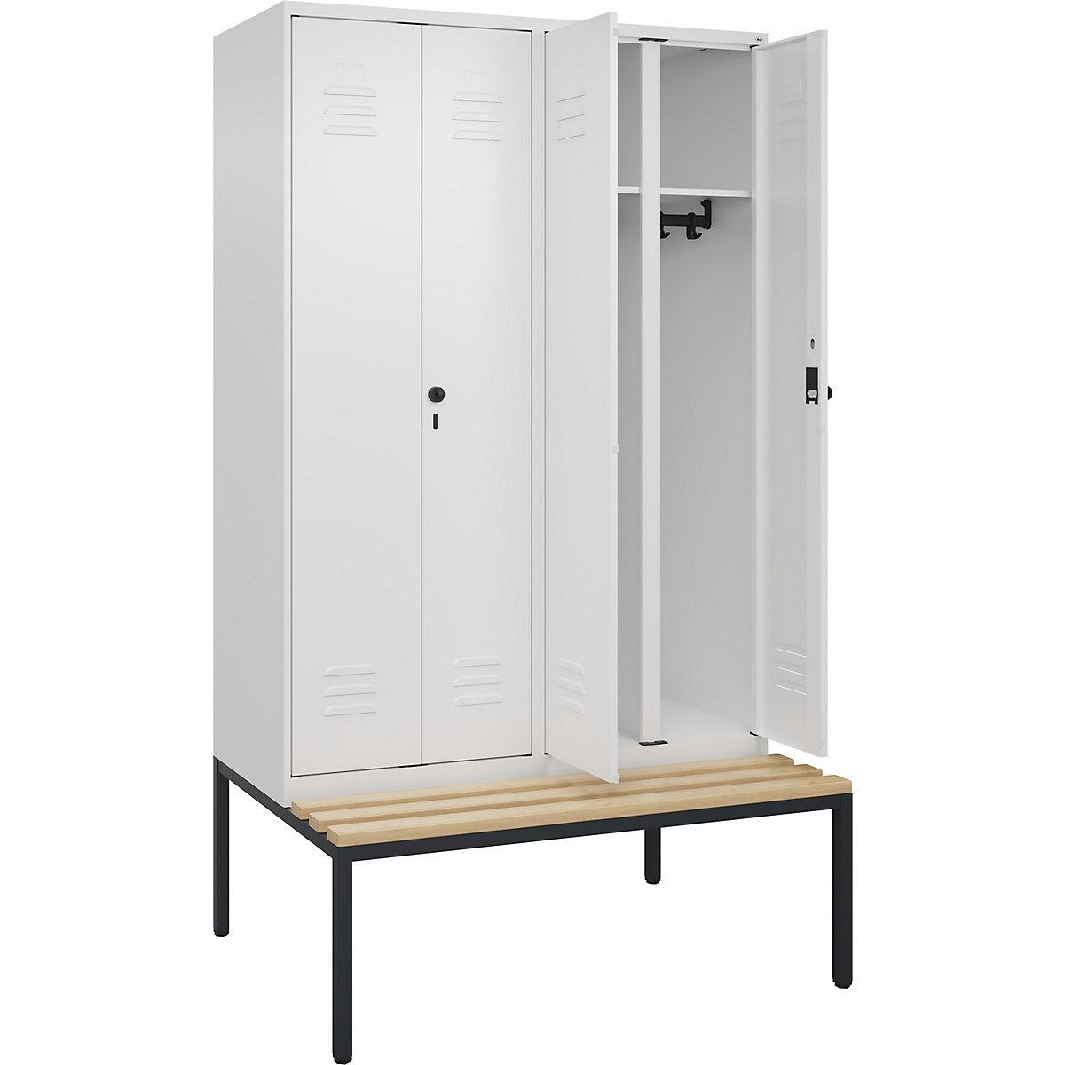 Armadietto sporco/pulito Classic PLUS con panca – C+P, 2 scomparti, bianco traffico, largh. 1200 mm, serratura girevole di sicurezza, panca integrata, legno duro di faggio-0