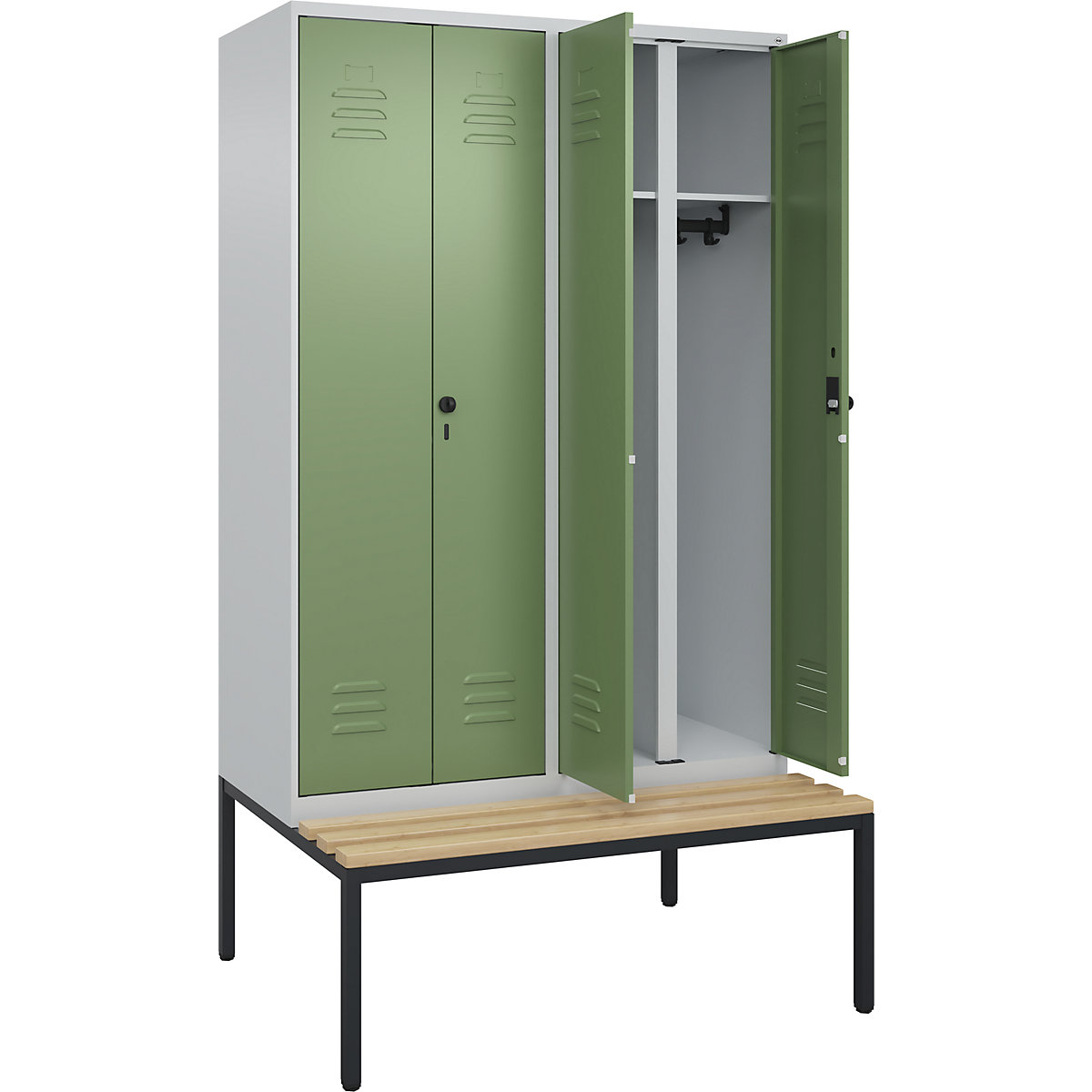 Armadietto sporco/pulito Classic PLUS con panca – C+P, 2 scomparti, grigio chiaro / verde reseda, largh. 1200 mm, serratura girevole di sicurezza, panca integrata, legno duro di faggio-0