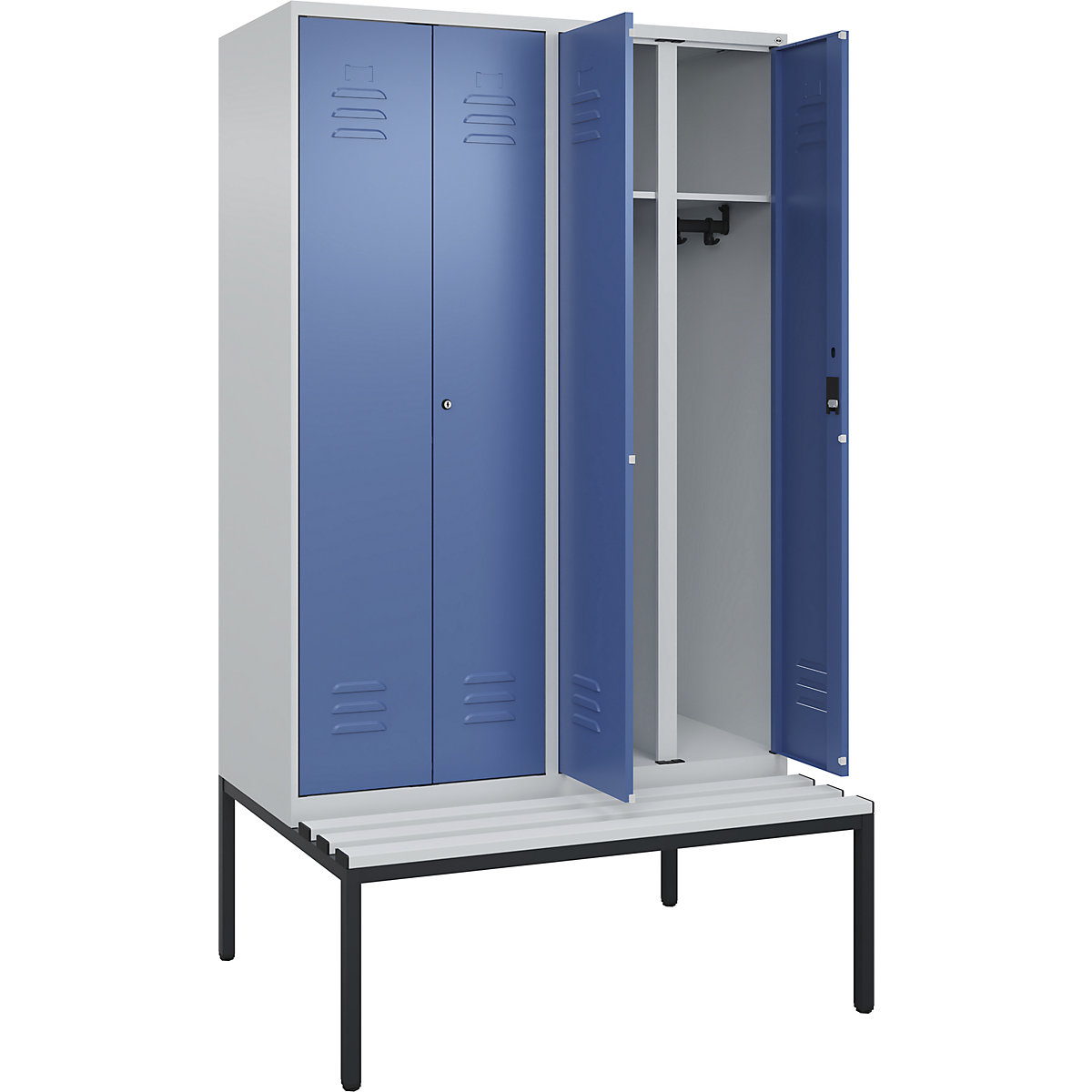 Armadietto sporco/pulito Classic PLUS con panca – C+P, 2 scomparti, grigio chiaro / indaco, largh. 1200 mm, serratura a cilindro, panca integrata, plastica-0