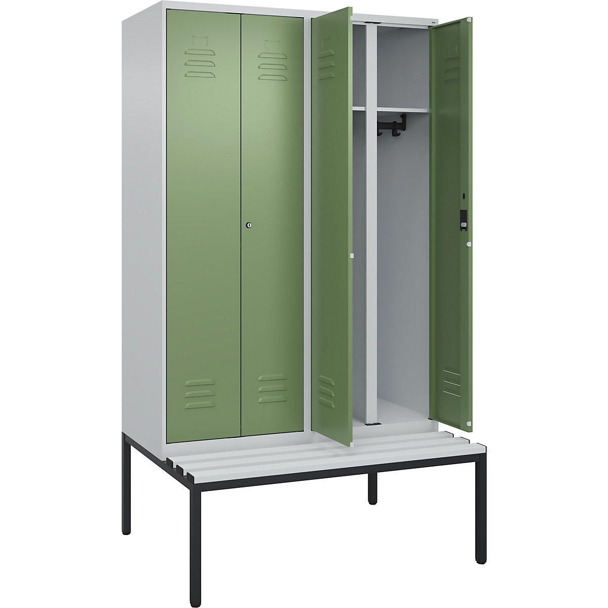 Armadietto sporco/pulito Classic PLUS con panca – C+P, 2 scomparti, grigio chiaro / verde reseda, largh. 1200 mm, serratura a cilindro, panca integrata, plastica-0