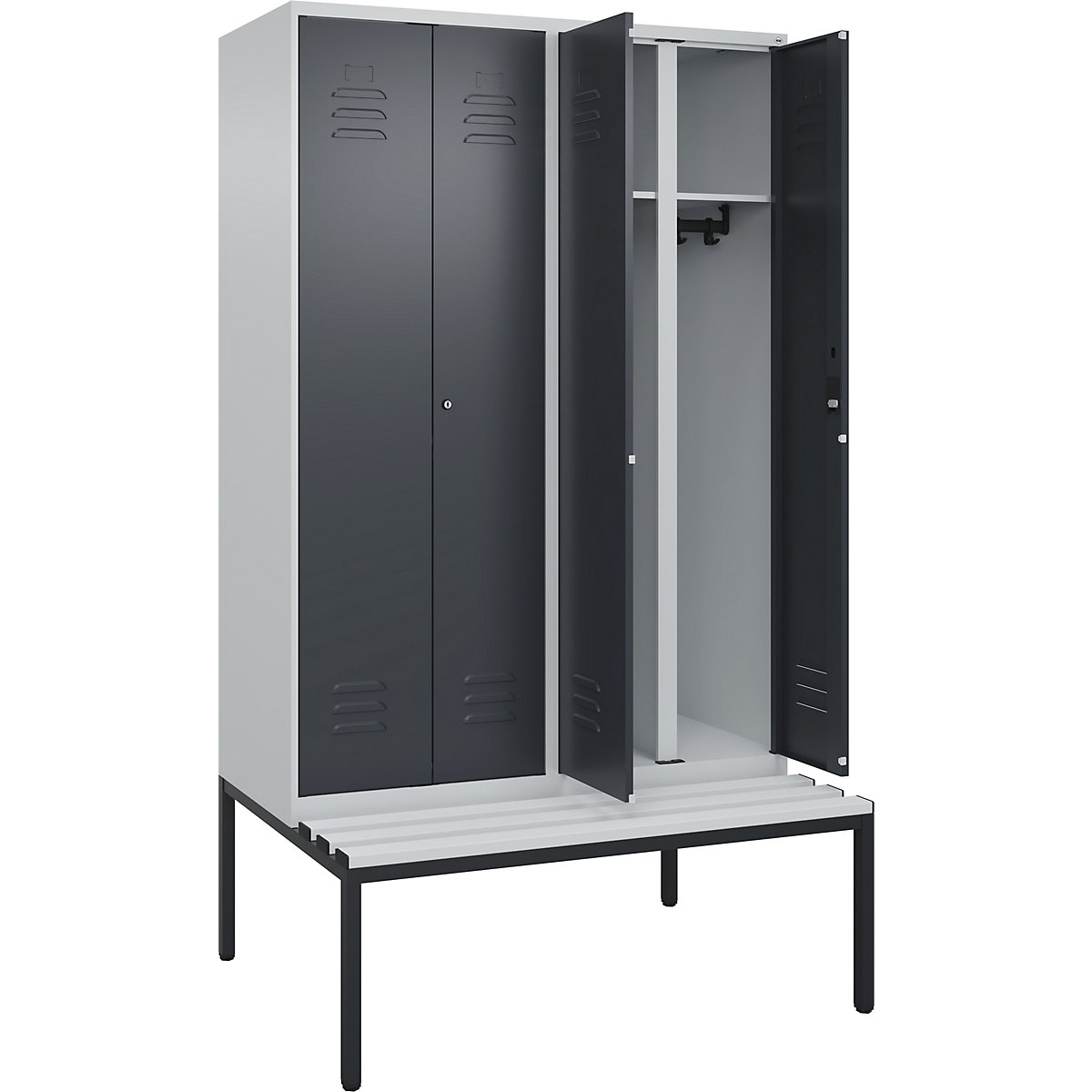 Armadietto sporco/pulito Classic PLUS con panca – C+P, 2 scomparti, grigio chiaro / grigio, largh. 1200 mm, serratura a cilindro, panca integrata, plastica-0