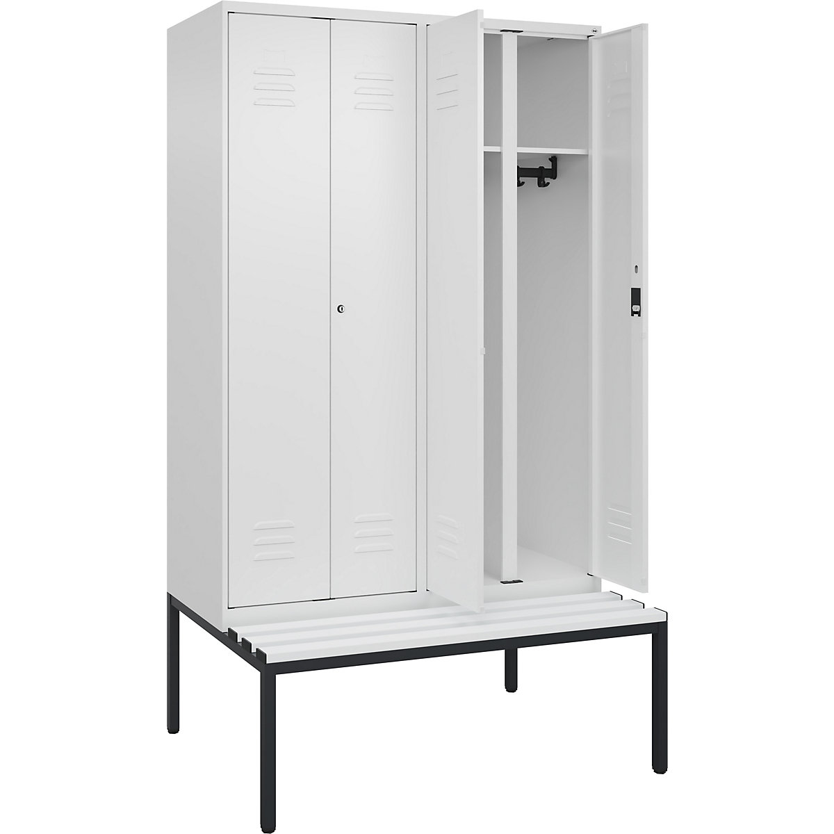 Armadietto sporco/pulito Classic PLUS con panca – C+P, 2 scomparti, bianco traffico, largh. 1200 mm, serratura a cilindro, panca integrata, plastica-0