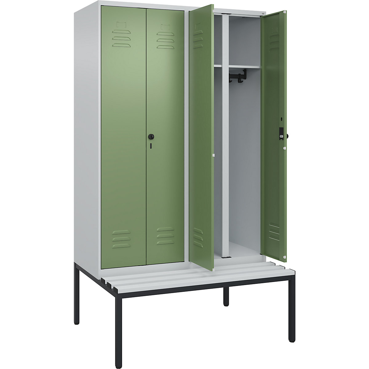 Armadietto sporco/pulito Classic PLUS con panca – C+P, 2 scomparti, grigio chiaro / verde reseda, largh. 1200 mm, serratura girevole di sicurezza, panca integrata, plastica-0
