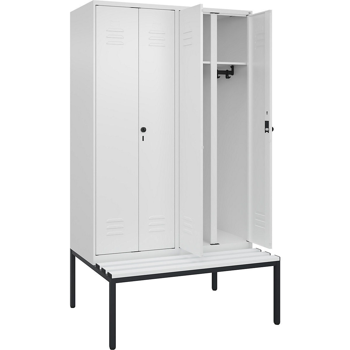 Armadietto sporco/pulito Classic PLUS con panca – C+P, 2 scomparti, bianco traffico, largh. 1200 mm, serratura girevole di sicurezza, panca integrata, plastica-0