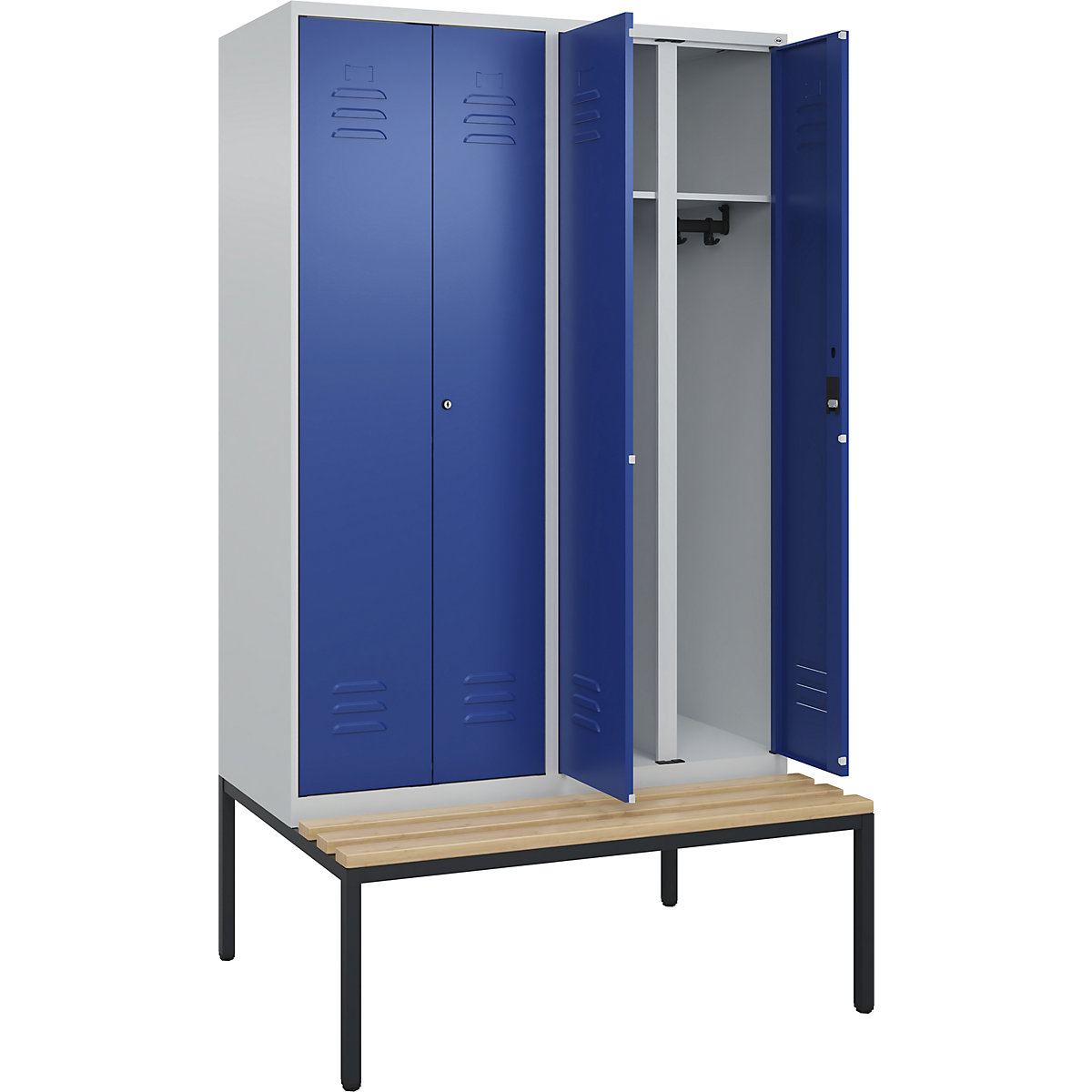 Armadietto sporco/pulito Classic PLUS con panca – C+P, 2 scomparti, grigio chiaro / blu genziana, largh. 1200 mm, serratura a cilindro, panca integrata, legno duro di faggio-0