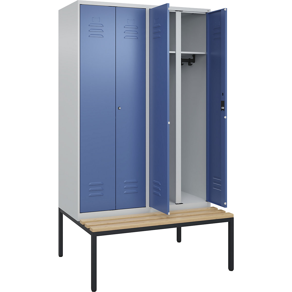 Armadietto sporco/pulito Classic PLUS con panca – C+P, 2 scomparti, grigio chiaro / indaco, largh. 1200 mm, serratura a cilindro, panca integrata, legno duro di faggio-0