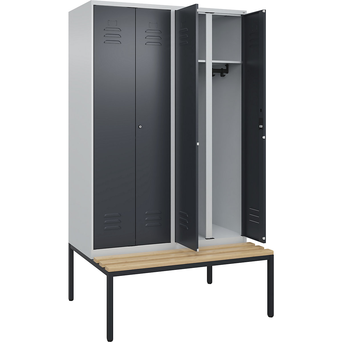 Armadietto sporco/pulito Classic PLUS con panca – C+P, 2 scomparti, grigio chiaro / grigio, largh. 1200 mm, serratura a cilindro, panca integrata, legno duro di faggio-0
