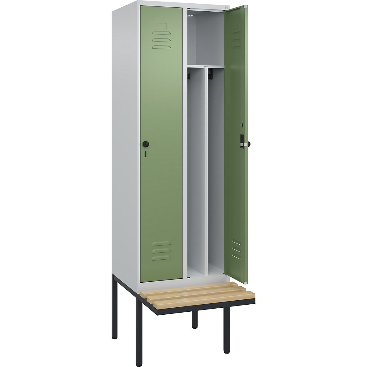 Armadietto sporco/pulito Classic PLUS con panca, stretto – C+P, 2 scomparti, tramezza ridotta, grigio chiaro / verde reseda, largh. 600 mm, serratura girevole di sicurezza, panca sporgente, legno duro di faggio-0