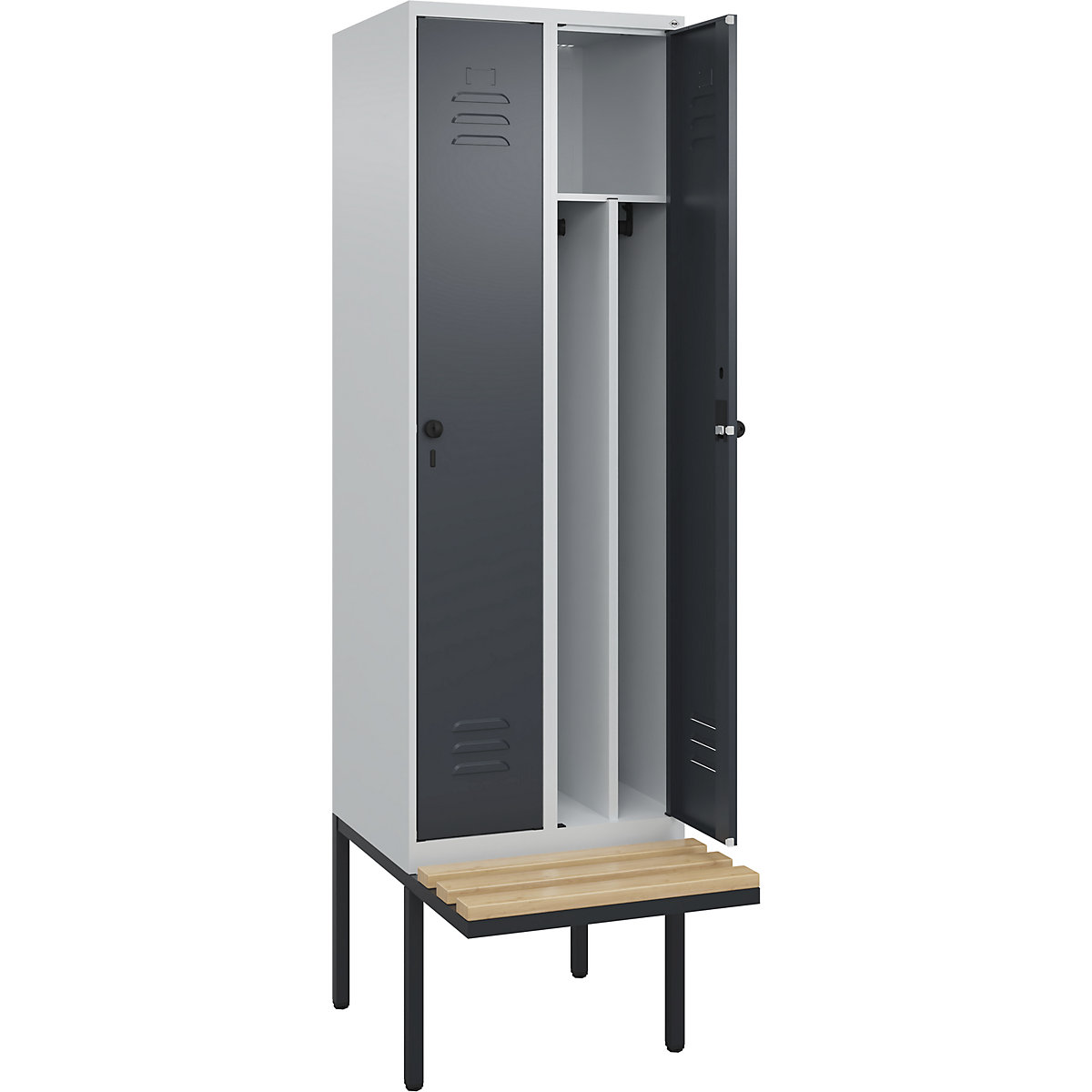 Armadietto sporco/pulito Classic PLUS con panca, stretto – C+P, 2 scomparti, tramezza ridotta, grigio chiaro / grigio, largh. 600 mm, serratura girevole di sicurezza, panca sporgente, legno duro di faggio-0