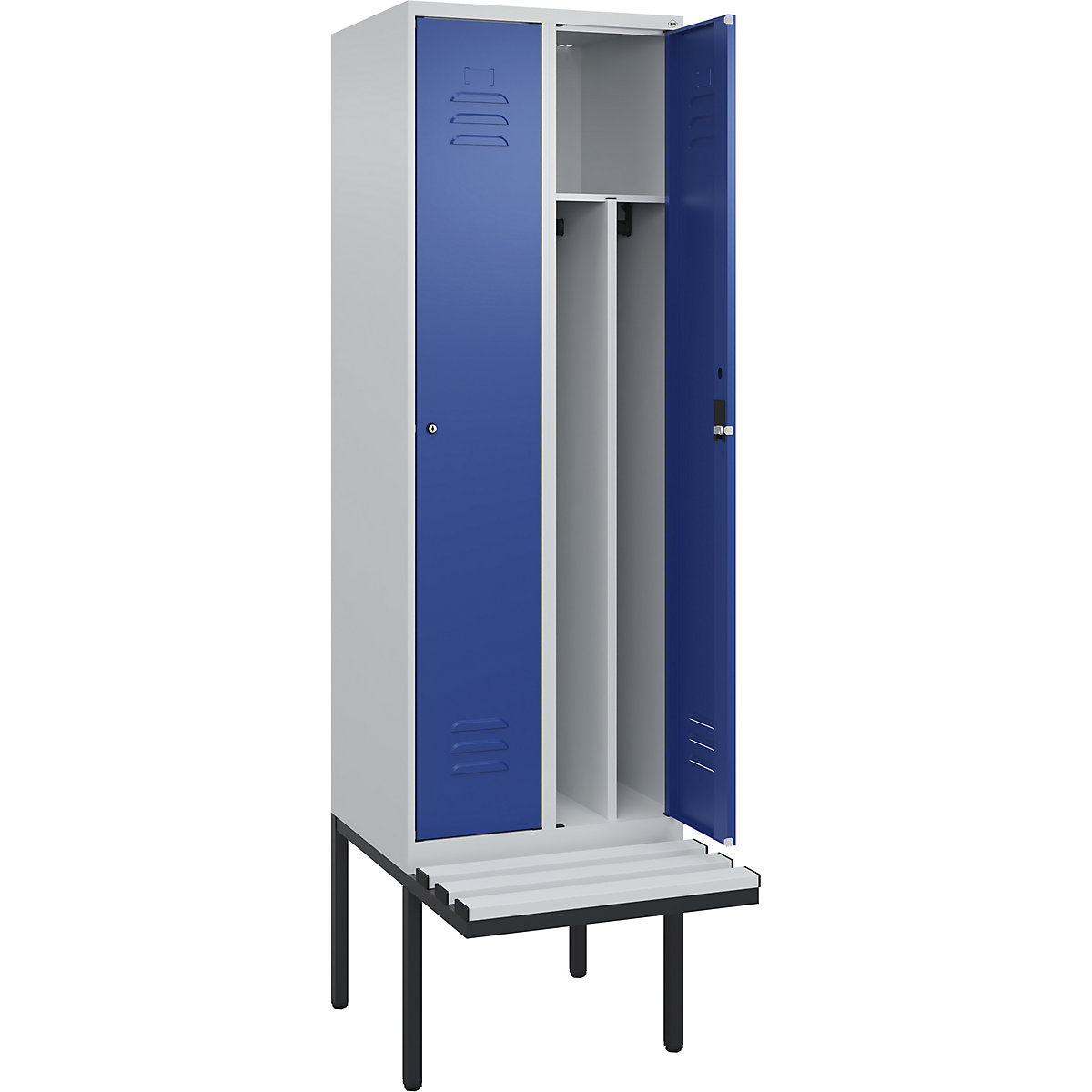 Armadietto sporco/pulito Classic PLUS con panca, stretto – C+P, 2 scomparti, tramezza ridotta, grigio chiaro / blu genziana, largh. 600 mm, serratura a cilindro, panca sporgente, plastica-0