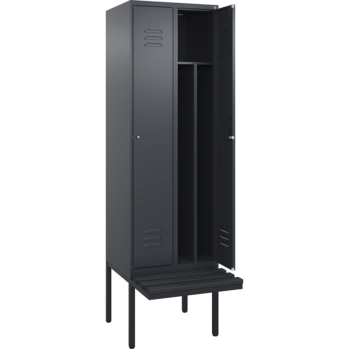 Armadietto sporco/pulito Classic PLUS con panca, stretto – C+P, 2 scomparti, tramezza ridotta, grigio, largh. 600 mm, serratura a cilindro, panca sporgente, plastica-0