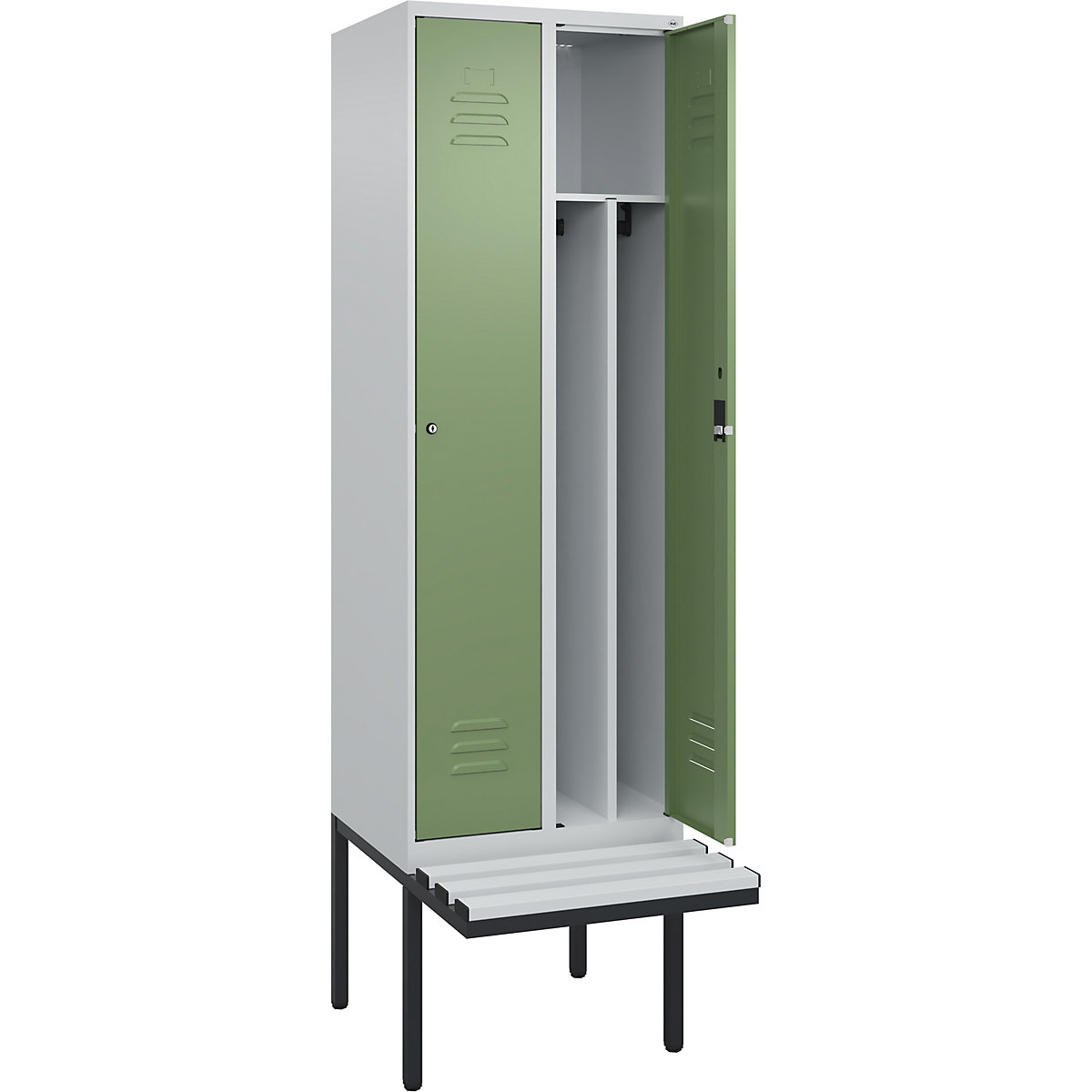 Armadietto sporco/pulito Classic PLUS con panca, stretto – C+P, 2 scomparti, tramezza ridotta, grigio chiaro / verde reseda, largh. 600 mm, serratura a cilindro, panca sporgente, plastica-0