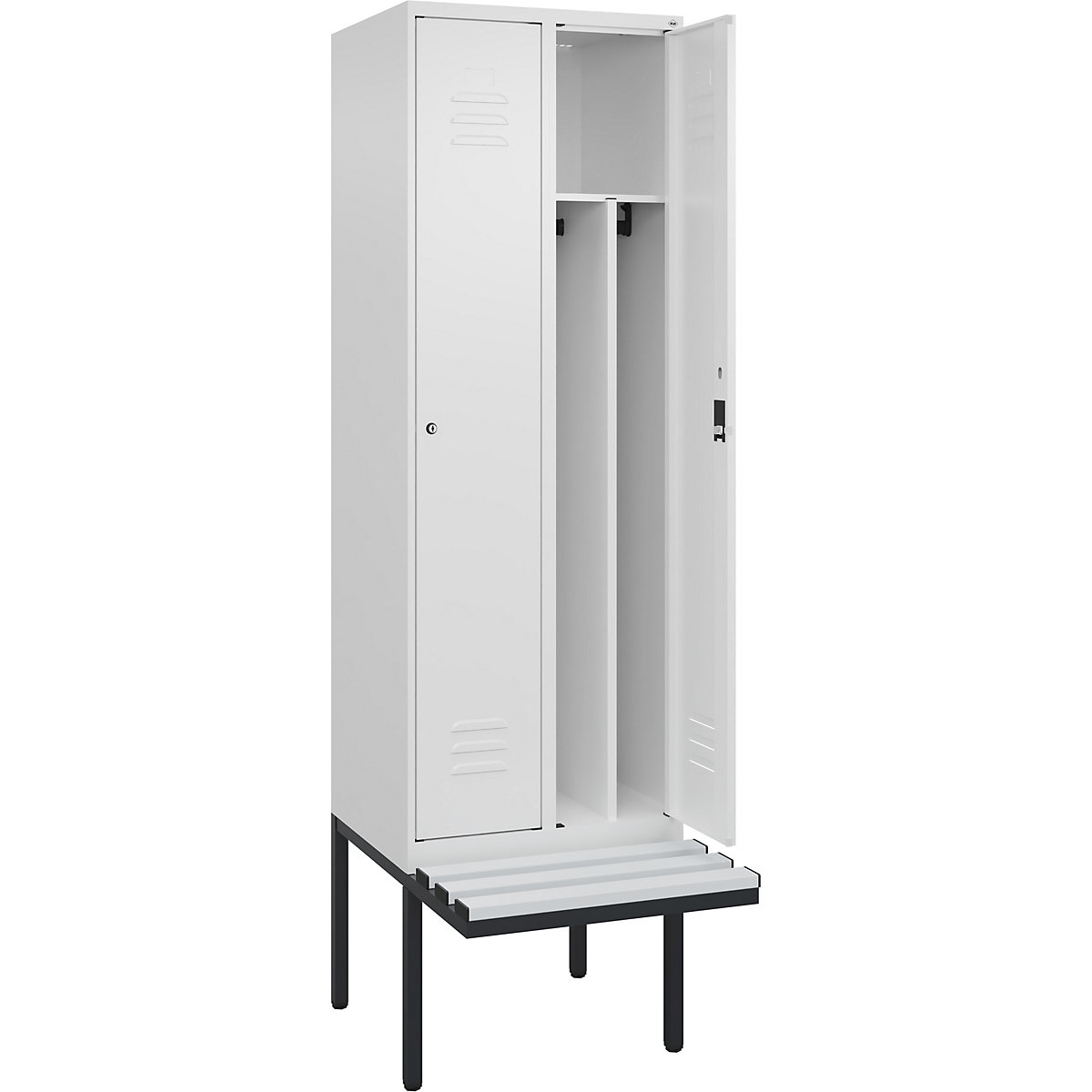 Armadietto sporco/pulito Classic PLUS con panca, stretto – C+P, 2 scomparti, tramezza ridotta, bianco traffico, largh. 600 mm, serratura a cilindro, panca sporgente, plastica-0