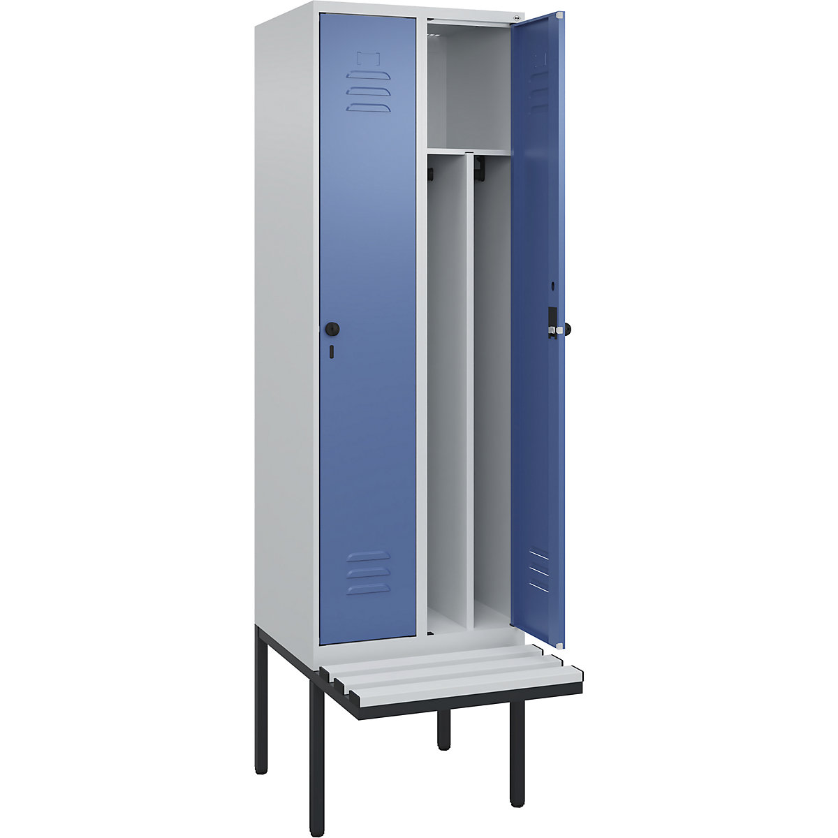 Armadietto sporco/pulito Classic PLUS con panca, stretto – C+P, 2 scomparti, tramezza ridotta, grigio chiaro / indaco, largh. 600 mm, serratura girevole di sicurezza, panca sporgente, plastica-0