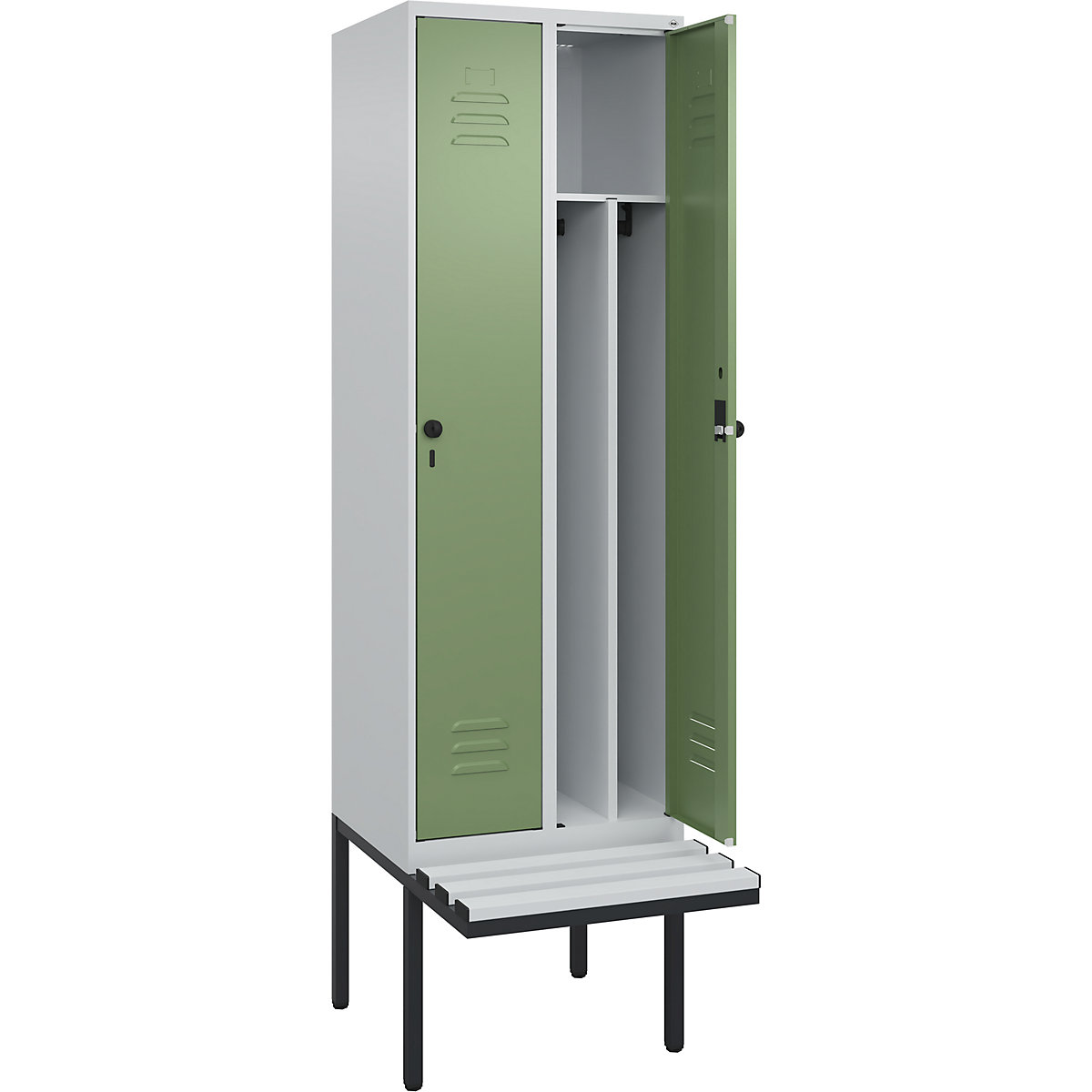 Armadietto sporco/pulito Classic PLUS con panca, stretto – C+P, 2 scomparti, tramezza ridotta, grigio chiaro / verde reseda, largh. 600 mm, serratura girevole di sicurezza, panca sporgente, plastica-0