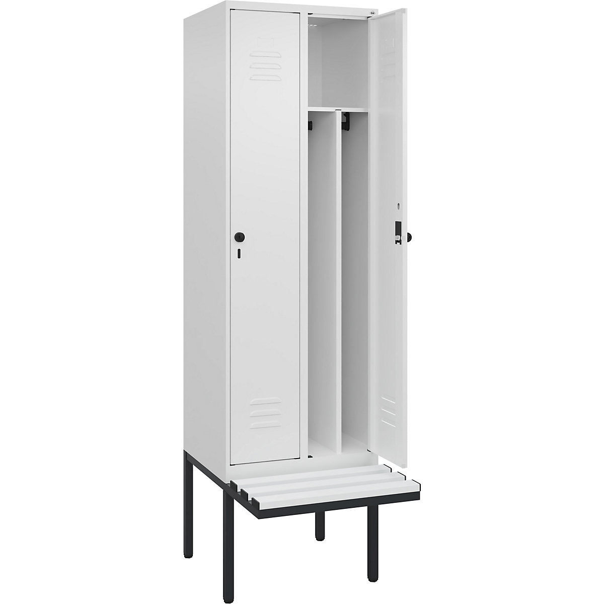 Armadietto sporco/pulito Classic PLUS con panca, stretto – C+P, 2 scomparti, tramezza ridotta, bianco traffico, largh. 600 mm, serratura girevole di sicurezza, panca sporgente, plastica-0