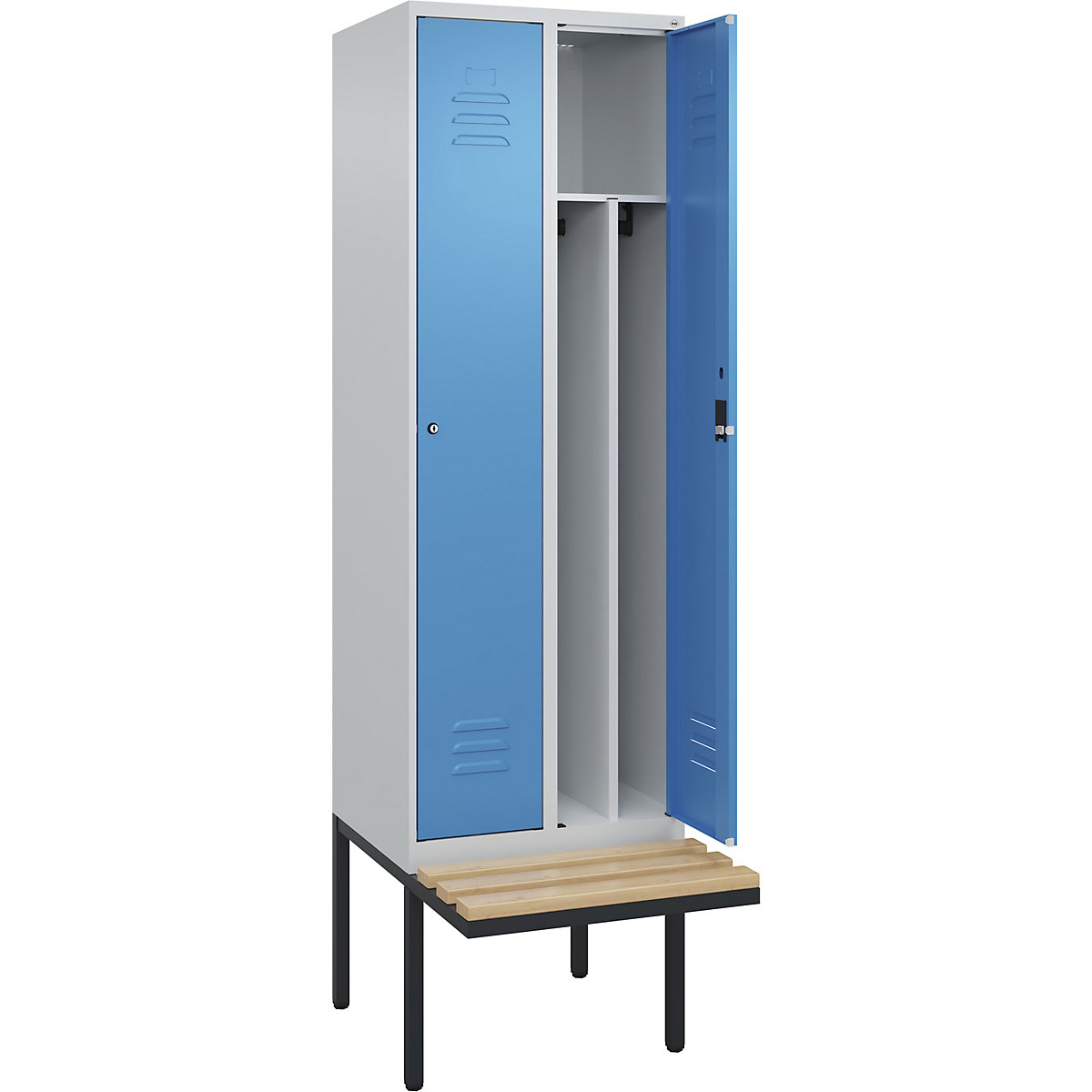 Armadietto sporco/pulito Classic PLUS con panca, stretto – C+P, 2 scomparti, tramezza ridotta, grigio chiaro / blu chiaro, largh. 600 mm, serratura a cilindro, panca sporgente, legno duro di faggio-0