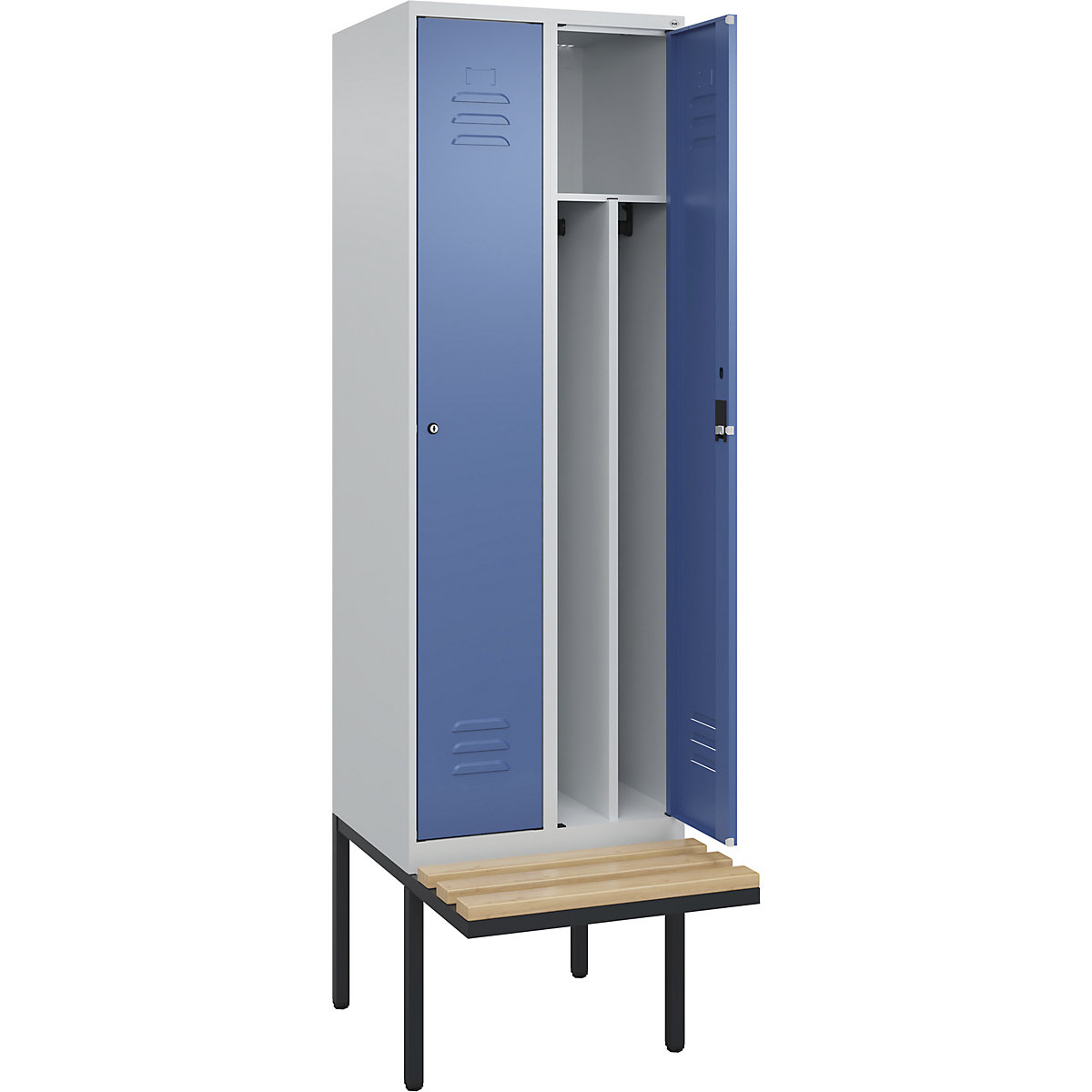 Armadietto sporco/pulito Classic PLUS con panca, stretto – C+P, 2 scomparti, tramezza ridotta, grigio chiaro / indaco, largh. 600 mm, serratura a cilindro, panca sporgente, legno duro di faggio-0