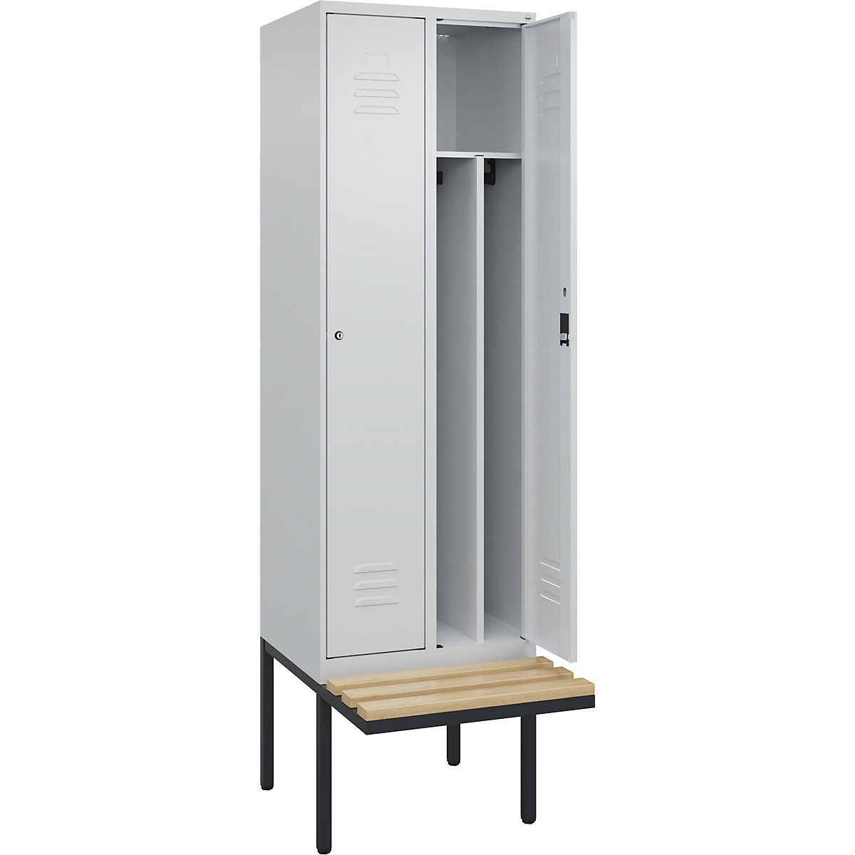 Armadietto sporco/pulito Classic PLUS con panca, stretto – C+P, 2 scomparti, tramezza ridotta, grigio chiaro, largh. 600 mm, serratura a cilindro, panca sporgente, legno duro di faggio-0