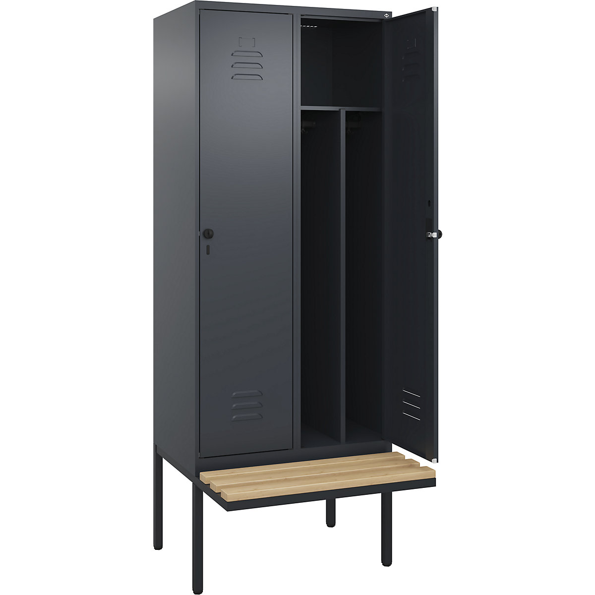 Armadietto sporco/pulito Classic PLUS con panca, stretto – C+P, 2 scomparti, tramezza ridotta, grigio, largh. 800 mm, serratura girevole di sicurezza, panca sporgente, legno duro di faggio-0