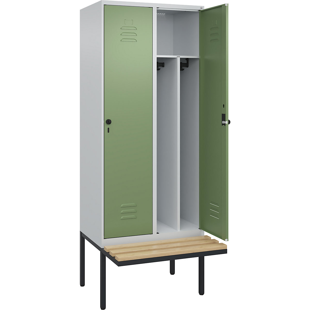 Armadietto sporco/pulito Classic PLUS con panca, stretto – C+P, 2 scomparti, tramezza ridotta, grigio chiaro / verde reseda, largh. 800 mm, serratura girevole di sicurezza, panca sporgente, legno duro di faggio-0