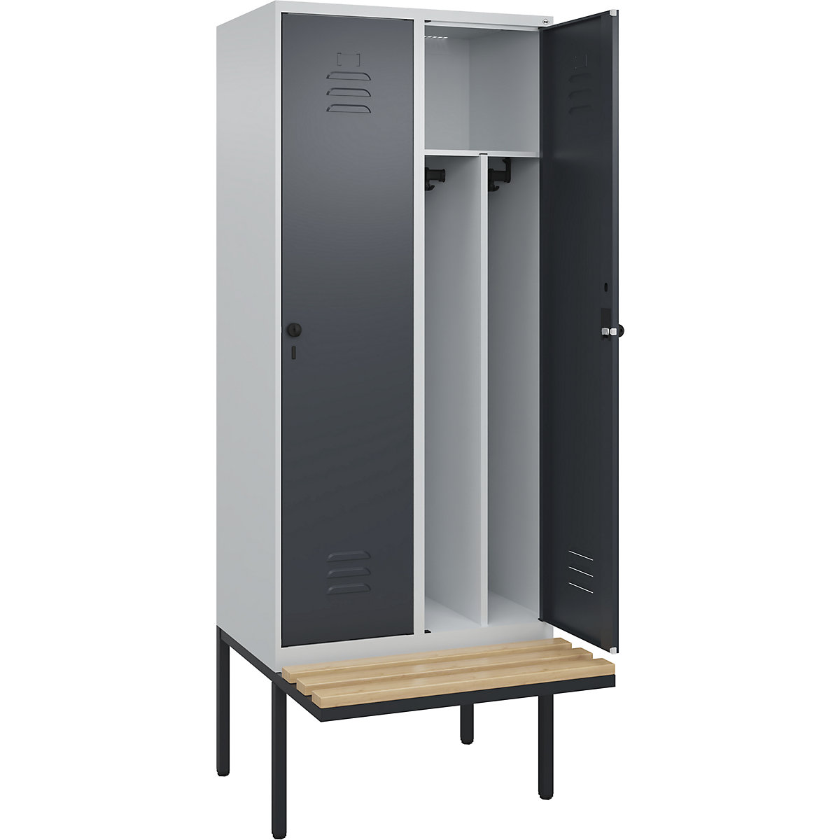Armadietto sporco/pulito Classic PLUS con panca, stretto – C+P, 2 scomparti, tramezza ridotta, grigio chiaro / grigio, largh. 800 mm, serratura girevole di sicurezza, panca sporgente, legno duro di faggio-0