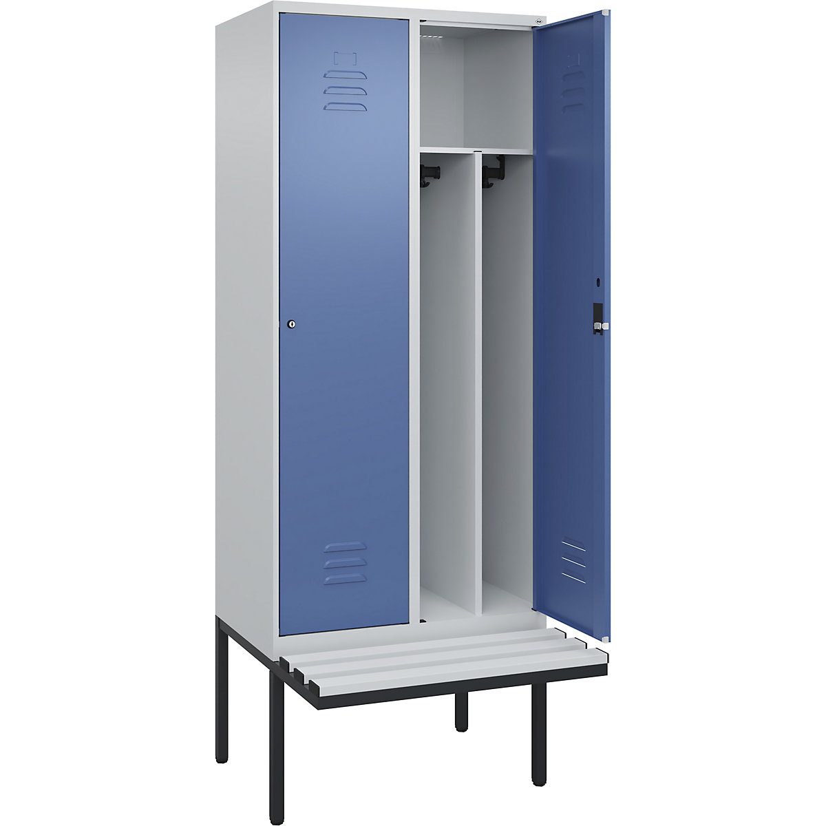 Armadietto sporco/pulito Classic PLUS con panca, stretto – C+P, 2 scomparti, tramezza ridotta, grigio chiaro / indaco, largh. 800 mm, serratura a cilindro, panca sporgente, plastica-0