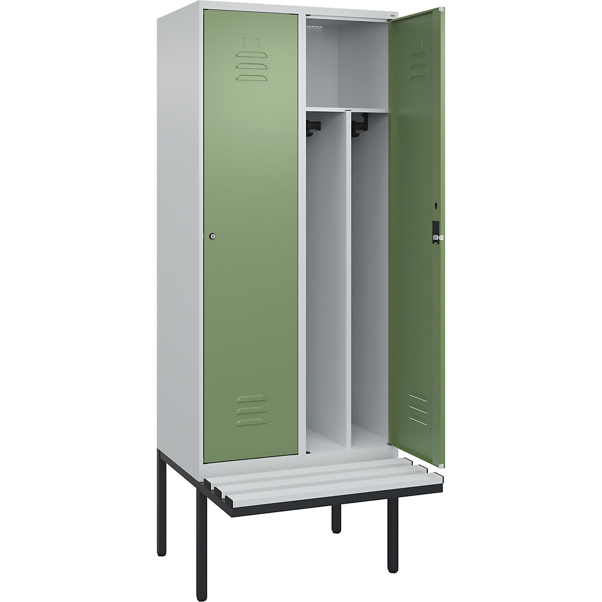 Armadietto sporco/pulito Classic PLUS con panca, stretto – C+P, 2 scomparti, tramezza ridotta, grigio chiaro / verde reseda, largh. 800 mm, serratura a cilindro, panca sporgente, plastica-0