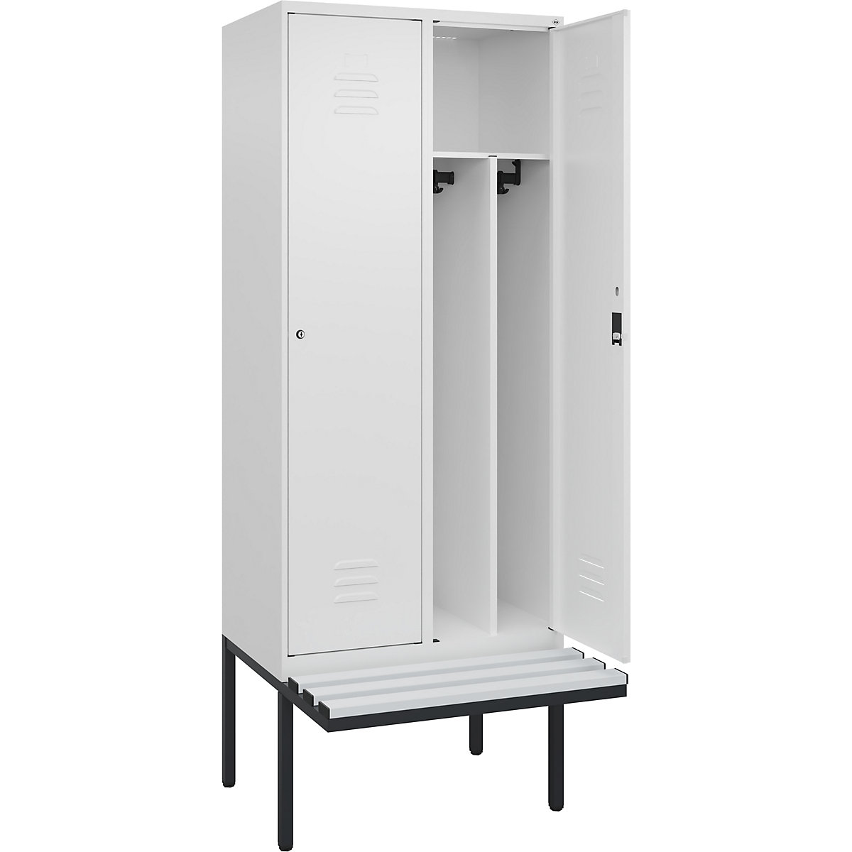 Armadietto sporco/pulito Classic PLUS con panca, stretto – C+P, 2 scomparti, tramezza ridotta, bianco traffico, largh. 800 mm, serratura a cilindro, panca sporgente, plastica-0