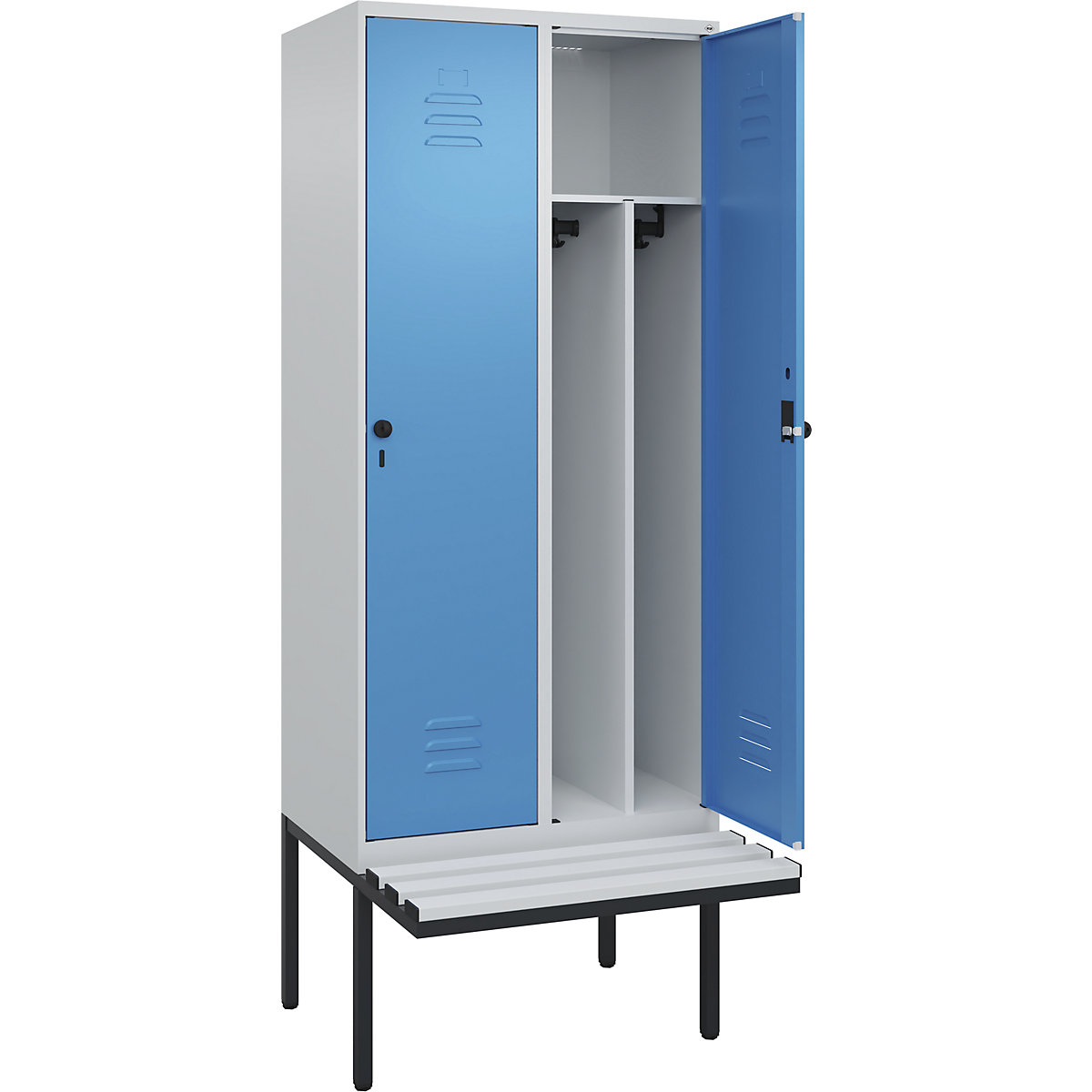 Armadietto sporco/pulito Classic PLUS con panca, stretto – C+P, 2 scomparti, tramezza ridotta, grigio chiaro / blu chiaro, largh. 800 mm, serratura girevole di sicurezza, panca sporgente, plastica-0