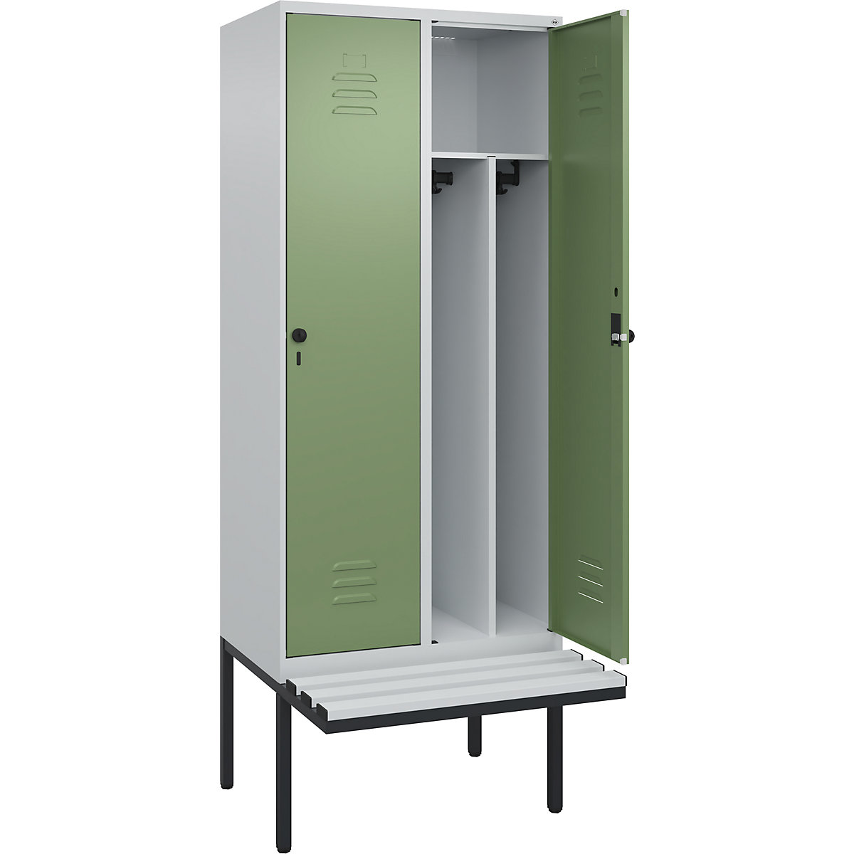 Armadietto sporco/pulito Classic PLUS con panca, stretto – C+P, 2 scomparti, tramezza ridotta, grigio chiaro / verde reseda, largh. 800 mm, serratura girevole di sicurezza, panca sporgente, plastica-0