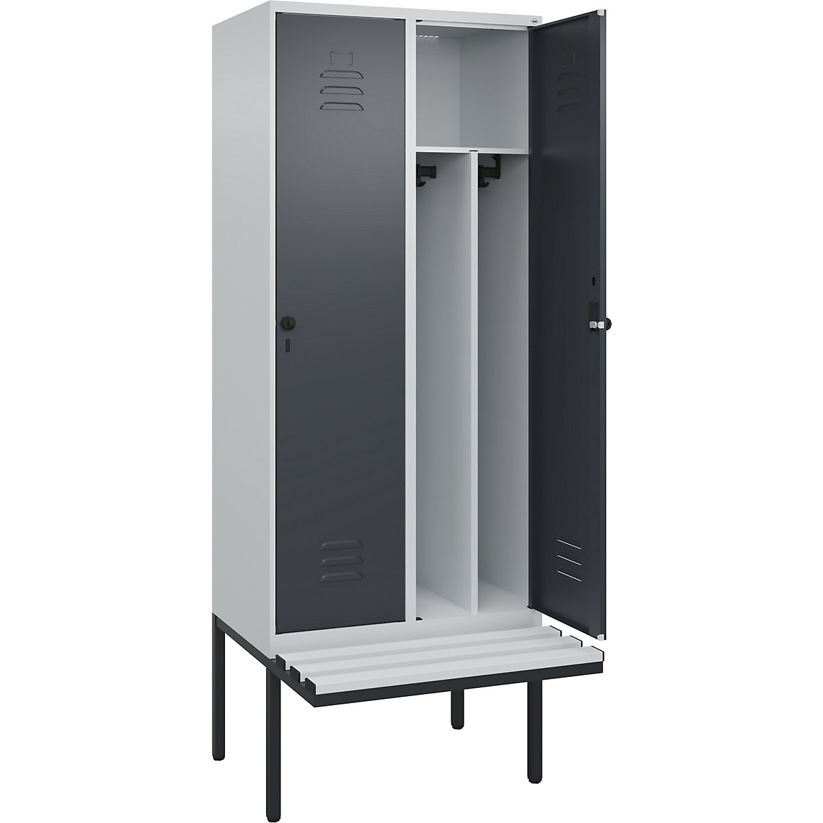 Armadietto sporco/pulito Classic PLUS con panca, stretto – C+P, 2 scomparti, tramezza ridotta, grigio chiaro / grigio, largh. 800 mm, serratura girevole di sicurezza, panca sporgente, plastica-0