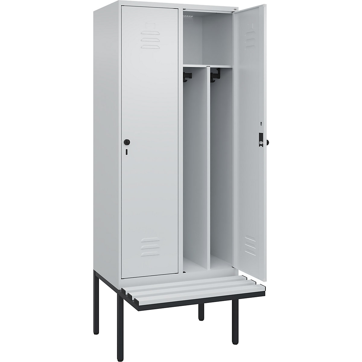 Armadietto sporco/pulito Classic PLUS con panca, stretto – C+P, 2 scomparti, tramezza ridotta, grigio chiaro, largh. 800 mm, serratura girevole di sicurezza, panca sporgente, plastica-0