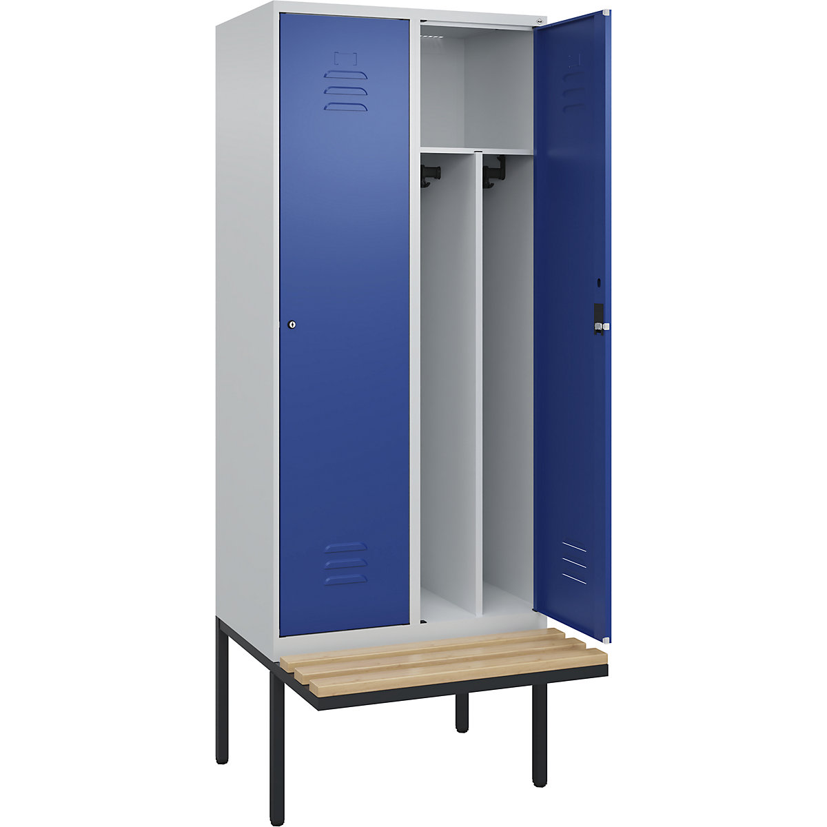 Armadietto sporco/pulito Classic PLUS con panca, stretto – C+P, 2 scomparti, tramezza ridotta, grigio chiaro / blu genziana, largh. 800 mm, serratura a cilindro, panca sporgente, legno duro di faggio-0