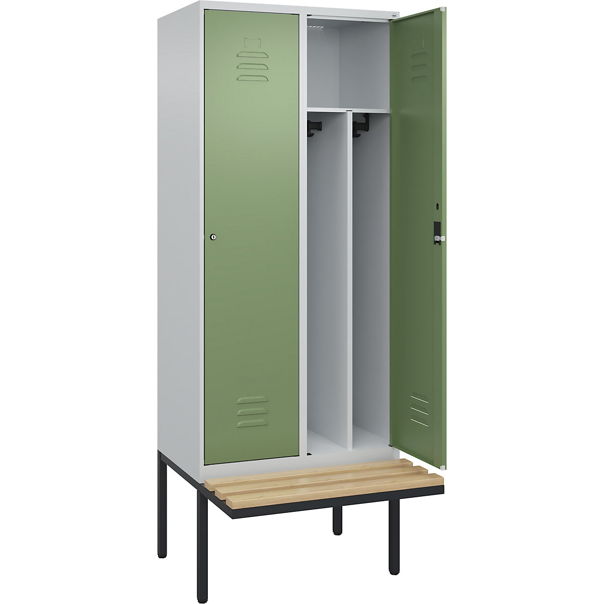 Armadietto sporco/pulito Classic PLUS con panca, stretto – C+P, 2 scomparti, tramezza ridotta, grigio chiaro / verde reseda, largh. 800 mm, serratura a cilindro, panca sporgente, legno duro di faggio-0