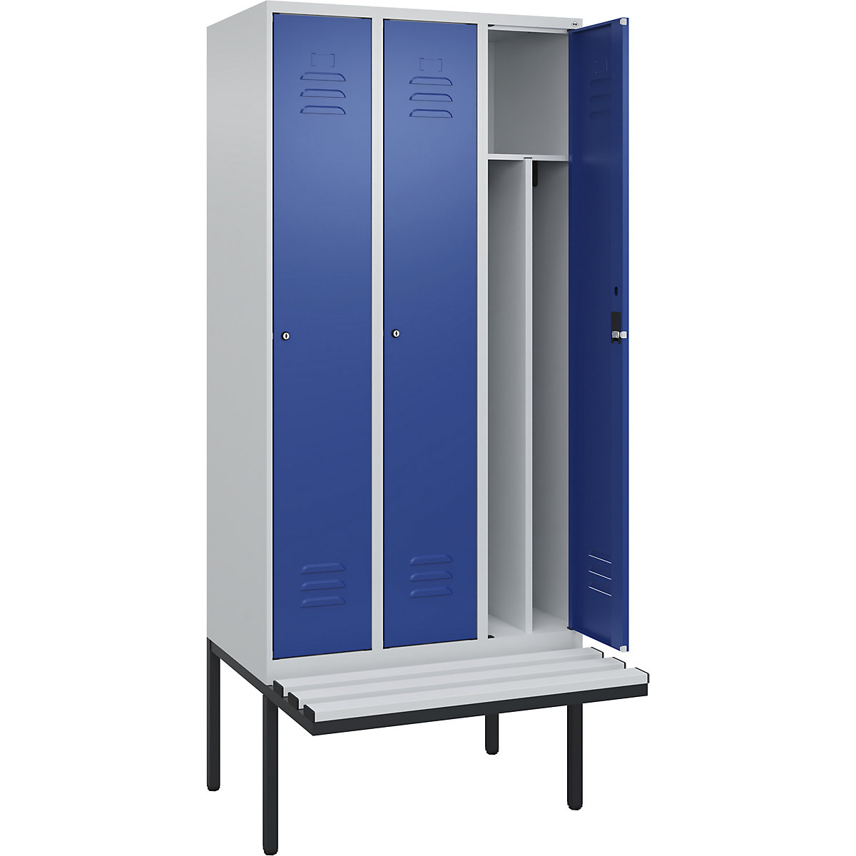 Armadietto sporco/pulito Classic PLUS con panca, stretto – C+P, 3 scomparti, tramezza ridotta, grigio chiaro / blu genziana, largh. 900 mm, serratura a cilindro, panca sporgente, plastica-0