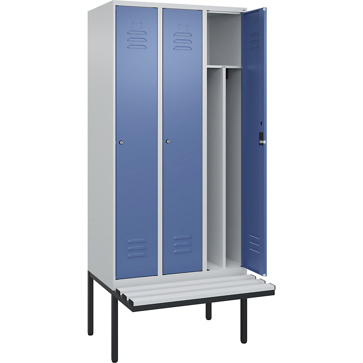 Armadietto sporco/pulito Classic PLUS con panca, stretto – C+P, 3 scomparti, tramezza ridotta, grigio chiaro / indaco, largh. 900 mm, serratura a cilindro, panca sporgente, plastica-0