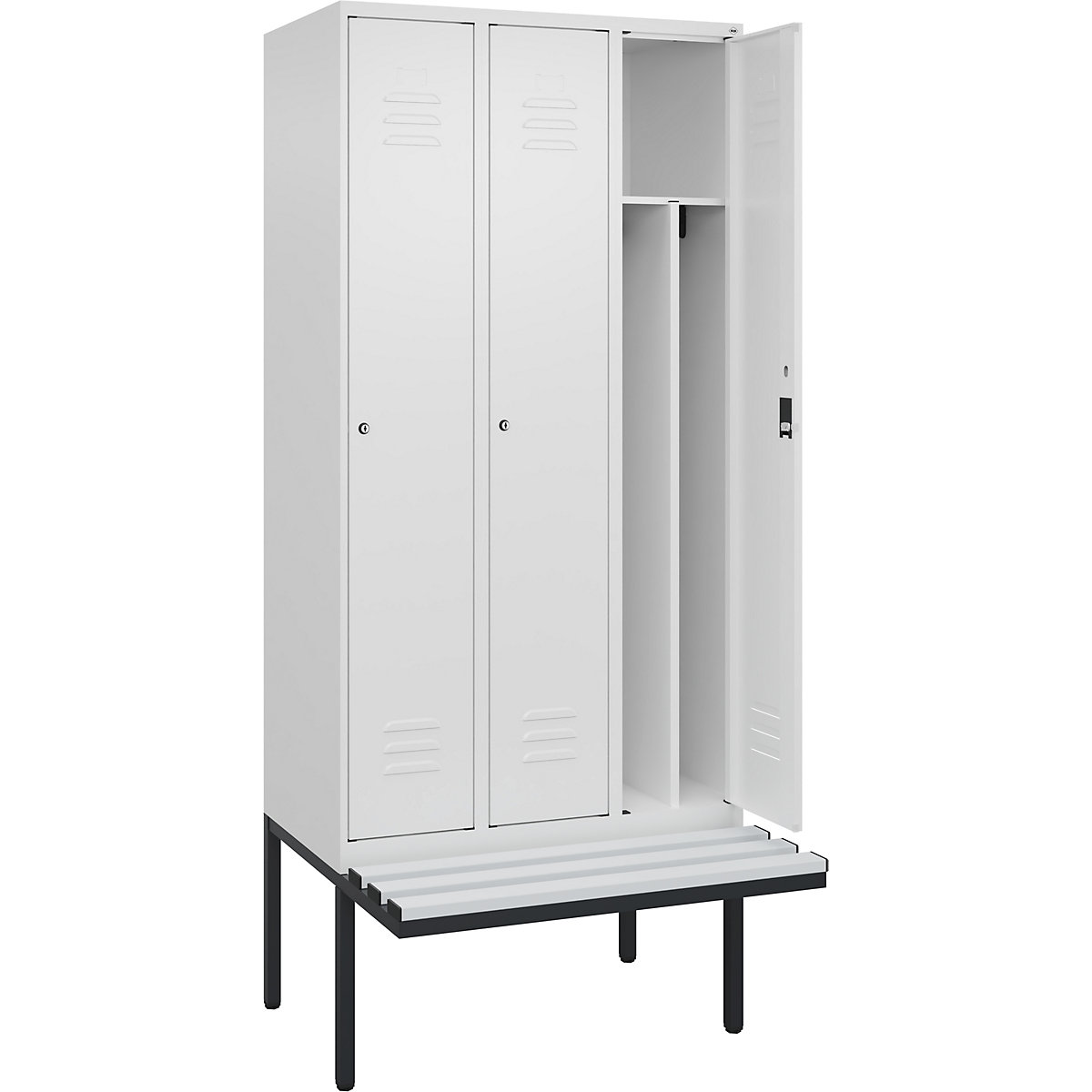 Armadietto sporco/pulito Classic PLUS con panca, stretto – C+P, 3 scomparti, tramezza ridotta, bianco traffico, largh. 900 mm, serratura a cilindro, panca sporgente, plastica-0